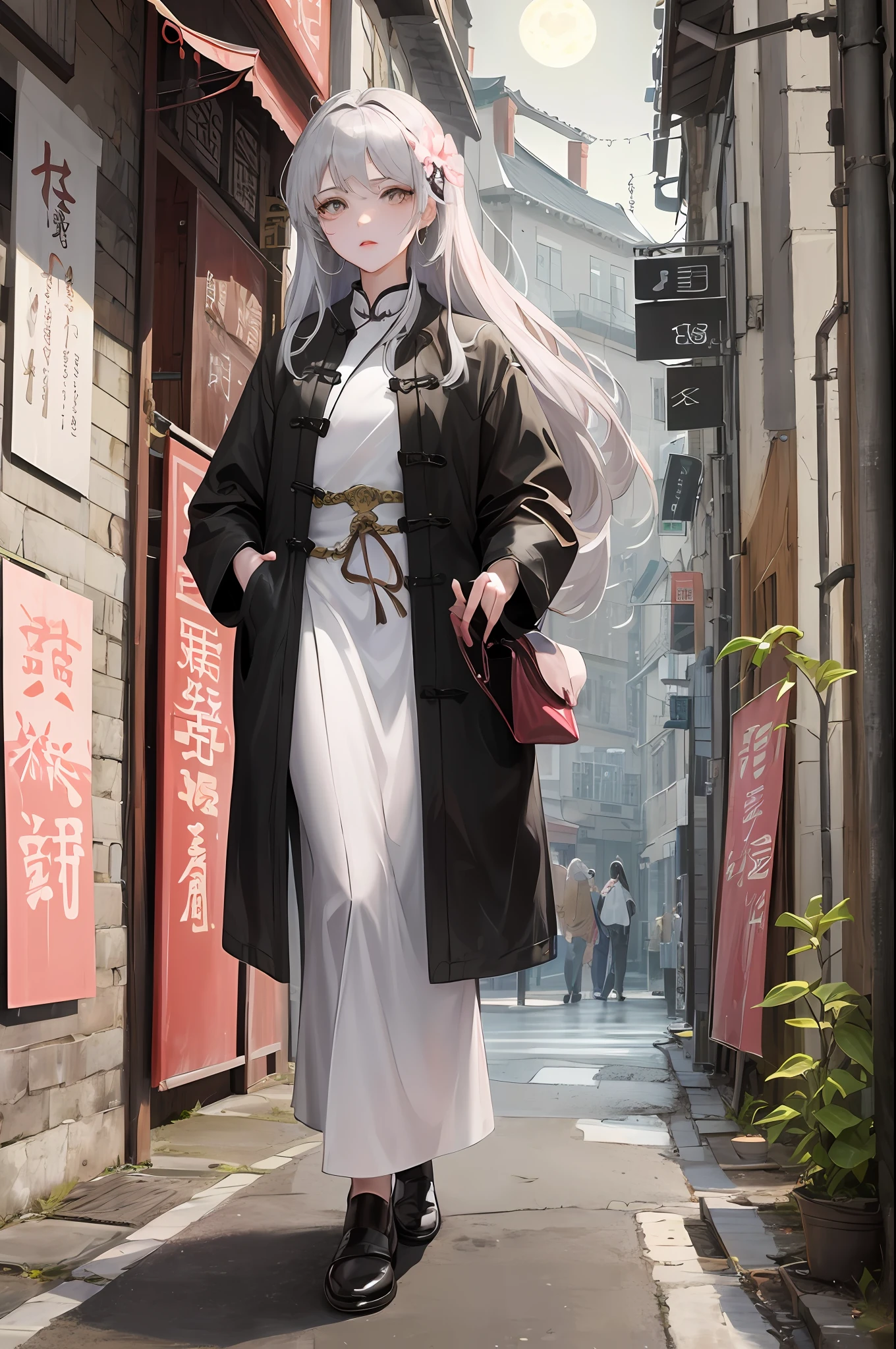 Masterpiece, Superb Beauty, Night, Full Moon, 1 Woman, Mature Woman, Chinese Style, Ancient China, Sister, Royal Sister, Cold Face, Expressionless, Silver-White Long-Haired Woman, Light Pink Lips, Calm, Intellectual, Three Bands, Gray Eyes, Assassin, Knife in Hand, Flower Ball Background, Walking Street View, Full Body Picture