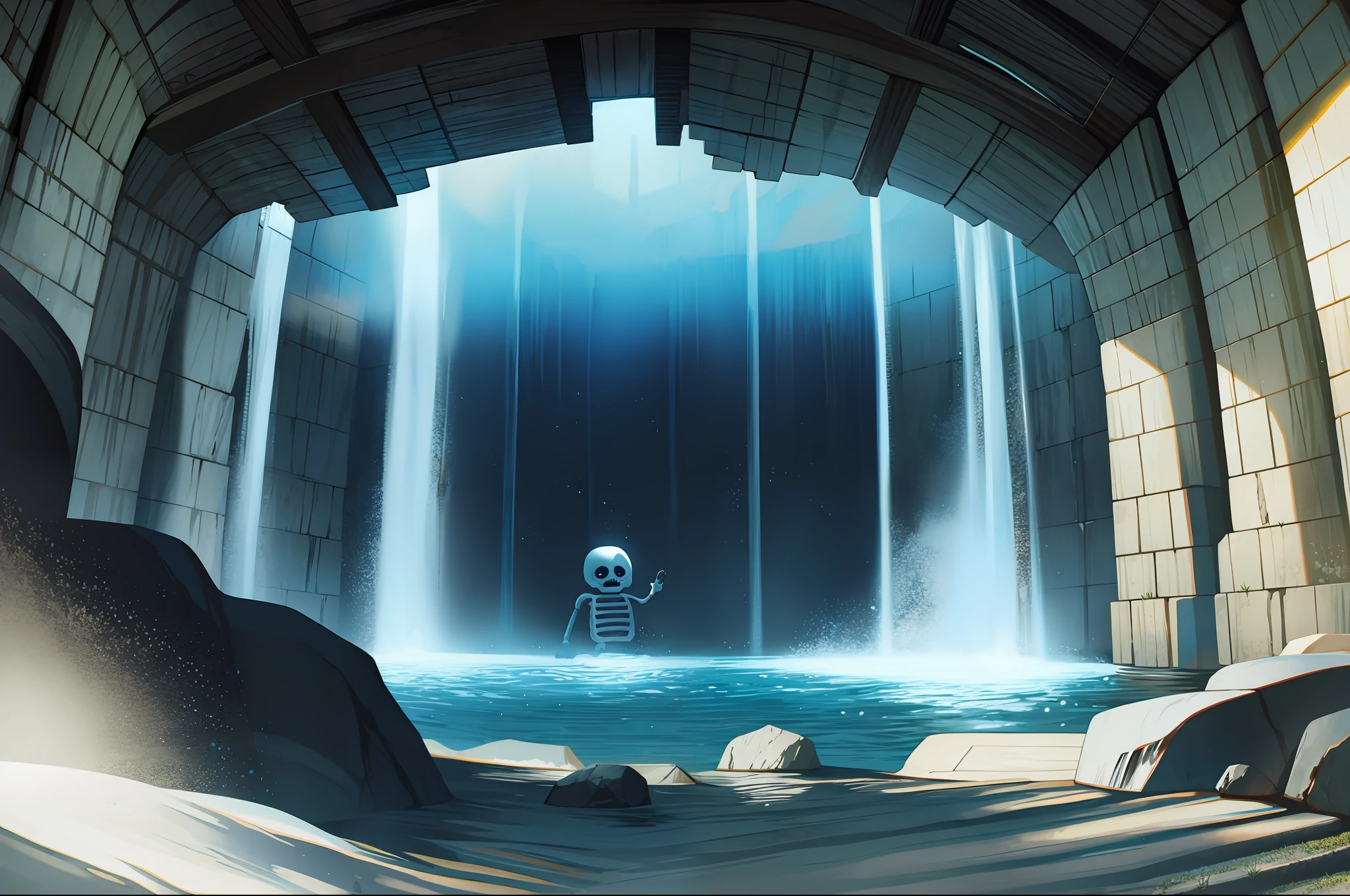 Sans the skeleton in a black cavern with an undergound waterfall