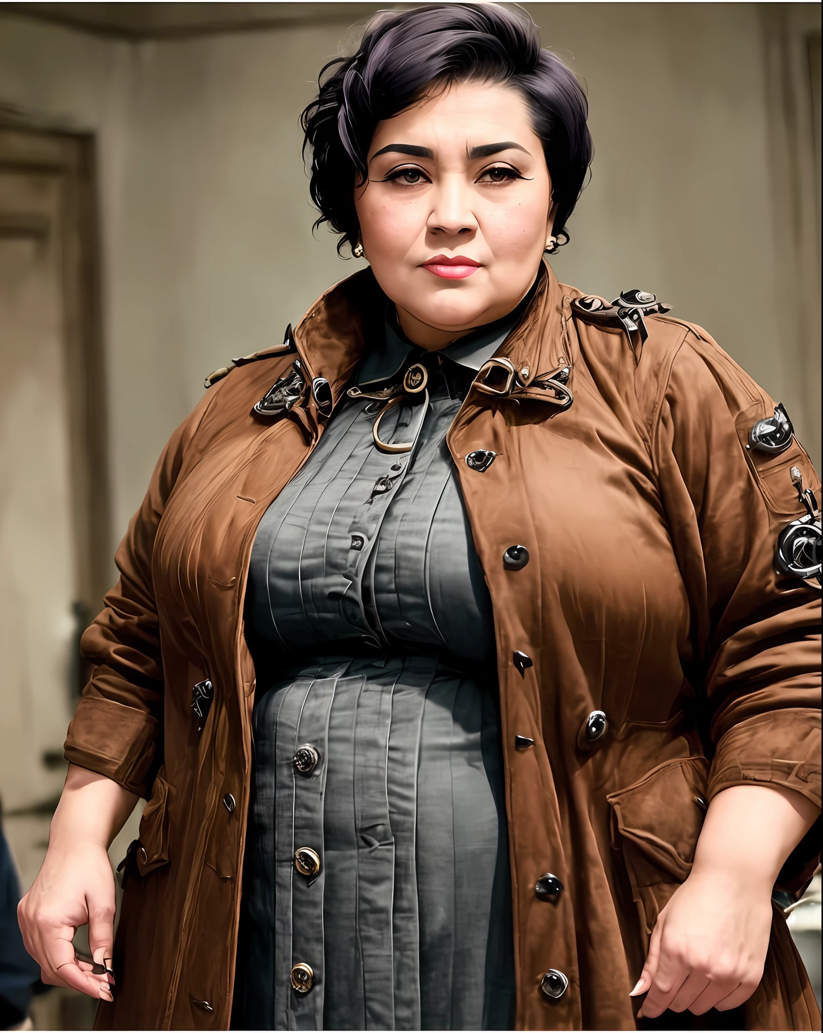 style, expertly lit, Mennatullah Jamilah, (big fat muscle: 1.0), (big chest: 1.0), ((((big ugly woman))))), 80 years, ((1900s)), wearing a steampunk coat, ((((very short hair))), cinematography, worked, meticulous, magnificent, maximum detail, extremely hyperaesthetic, intricately detailed