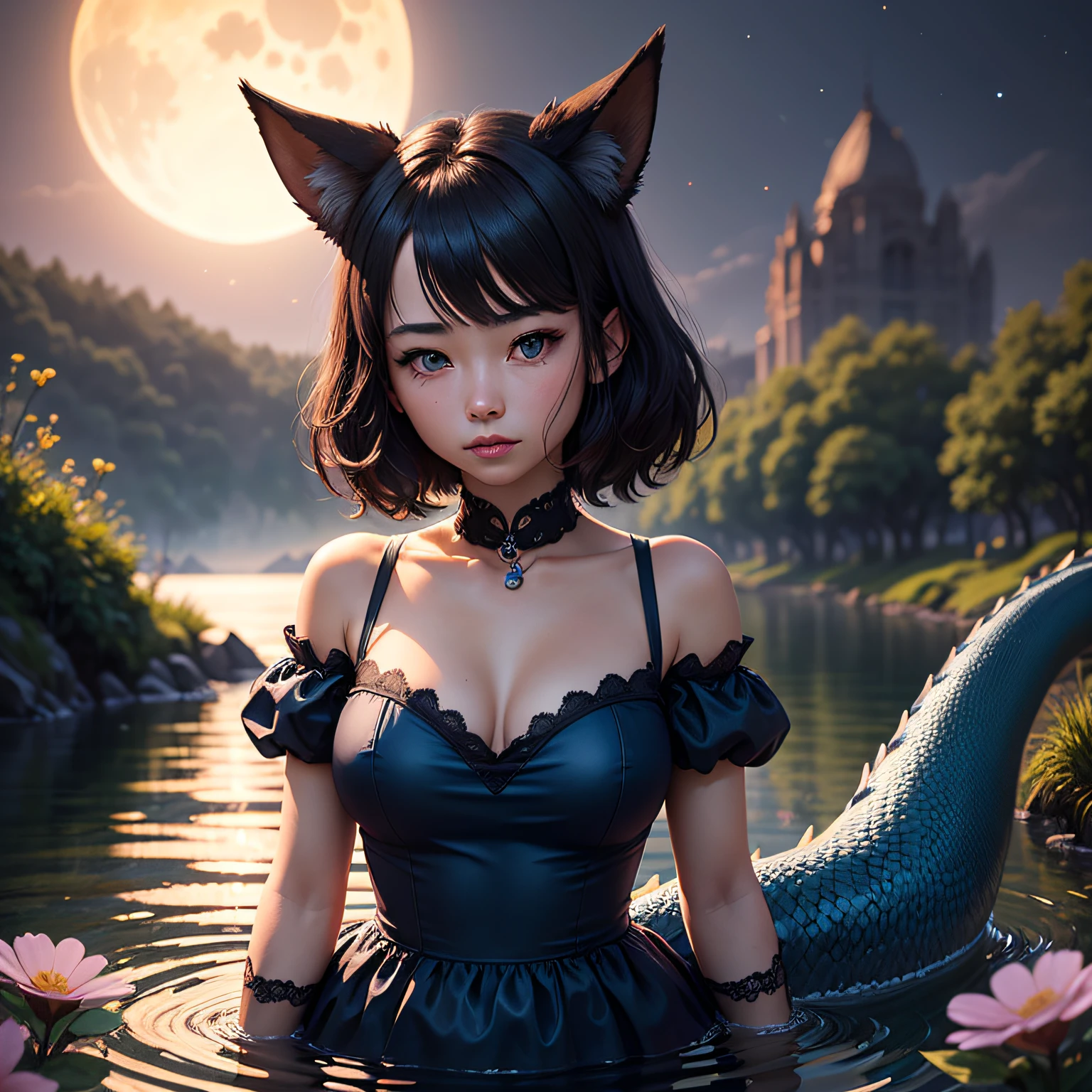 a shy adult girl with black short hair, blue eyes, black fox ears and wearing a blue dress with flowers stamped. With a giant chinese blue dragon made of water at the lake scene, kind, friendly, masterpiece, best quality, soft focus, ultra detailed textures and pixels, trending on facebook, high quality, by a-1 pictures studio, eclipse fullmoon night scene closeup, full of detailed beautiful flowers, 8k perfect ultra detailed anime photo by professional artists lw --auto