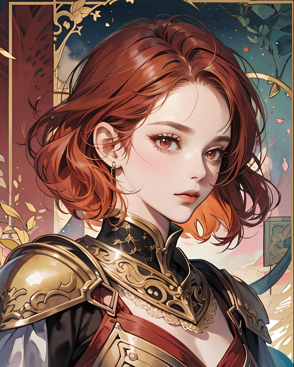 (extremely delicate and beautiful, watercolor (average), official art, beautiful and aesthetic:1.2), (fractal art: 1,3), 8k,(masterpiece:1.0),(best_quality:1.0), 1girl, mature woman, complex details, enlarged textures, complex details, finely detailed eyes and detailed face, intricate details, short red hair, young warrior, red and wild hair, (closed mouth), perfect eyes, equal eyes, red eyes, wearing a red and gold armor, red and gold details, shades of red, magical aura, liquid, cloud, colorful, scales, delicate, (goddess) confident and warrior expression