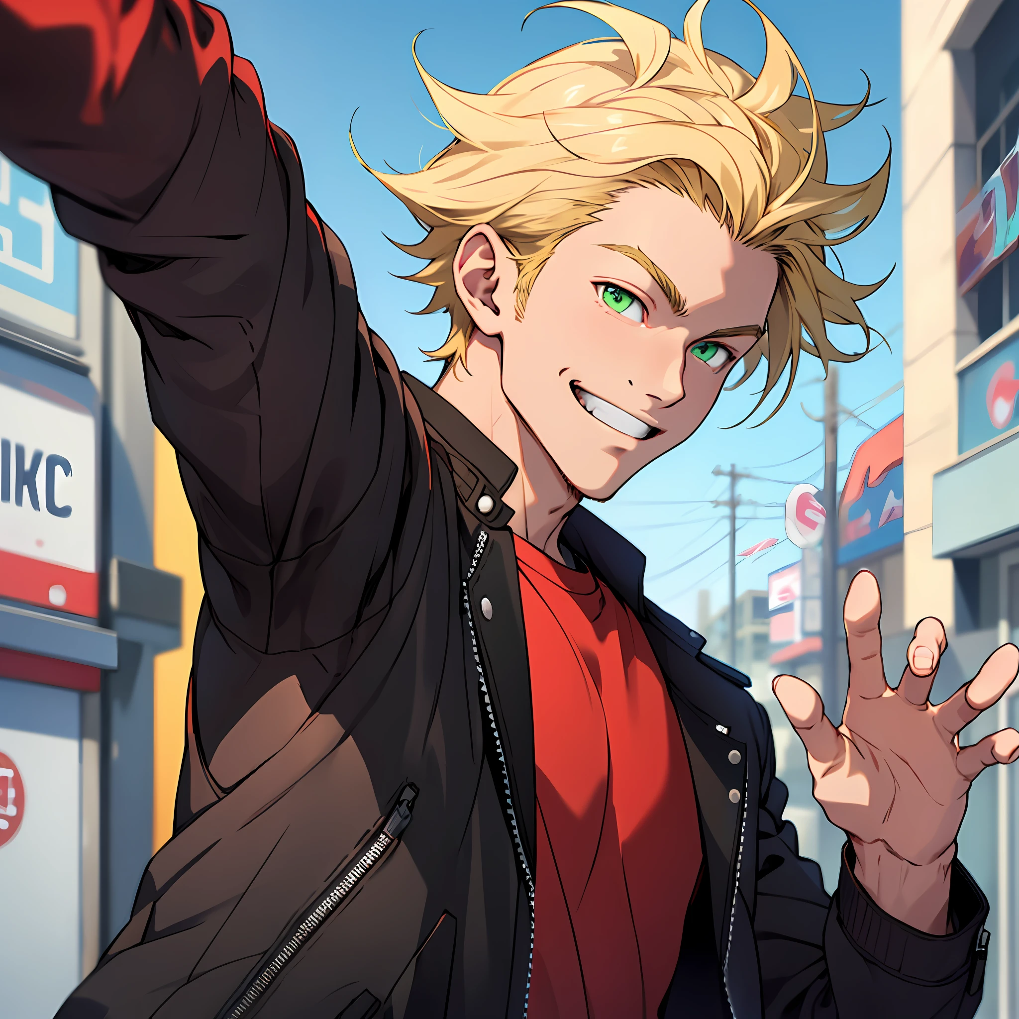 A 20-year-old man, blonde hair, green eyes, wearing a red T-shirt, black leather jacket, anime style, smiling, waving one hand, 5 fingers in hand