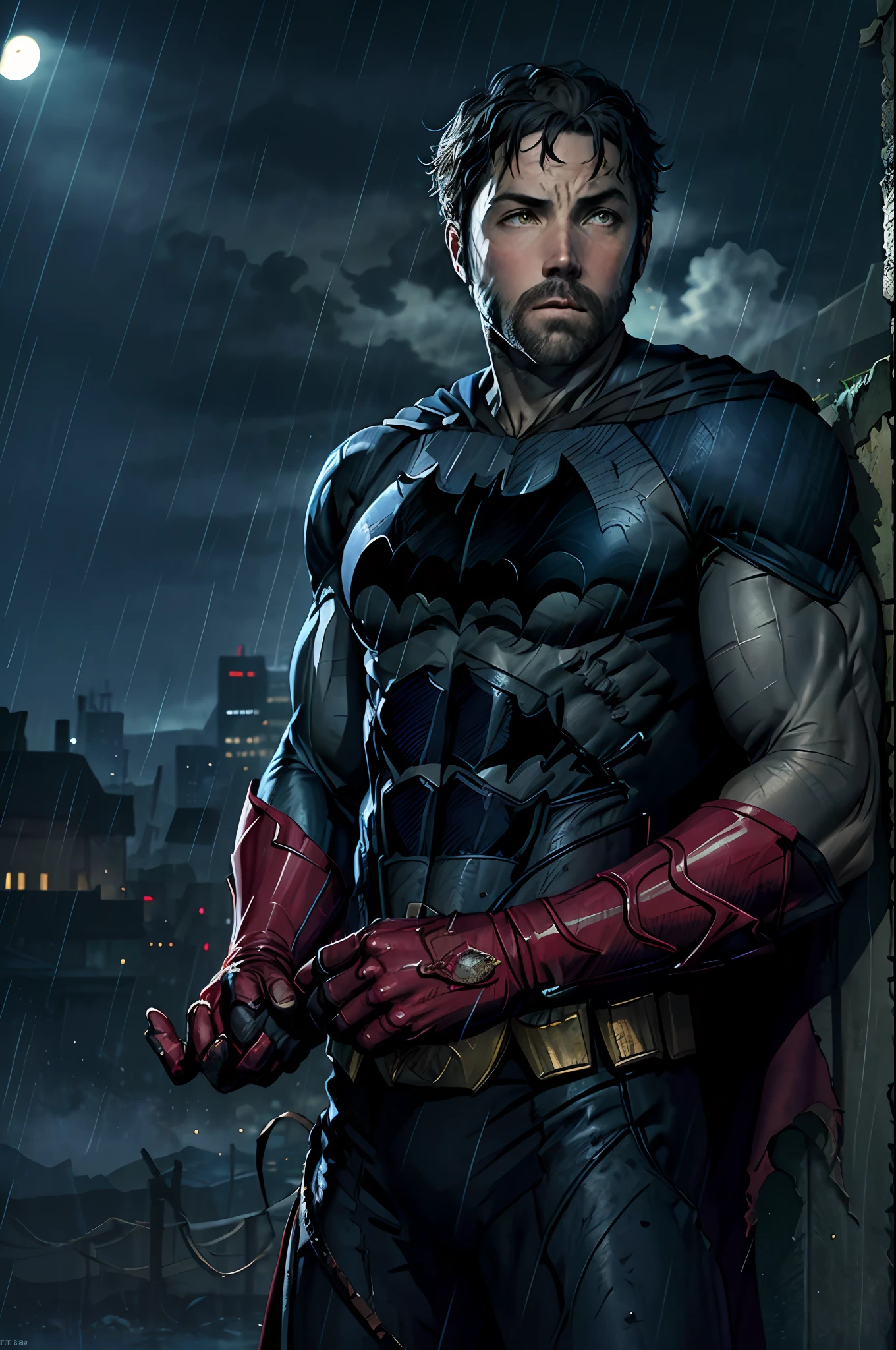 AS-Younger:1 1boy, dark scene, illustration (cowboy shot of Hugh ben affleck as batman), without mask, athletic, white eyes, without pupils, night city, (mist), particles, light rain, male focus, muscular, muscular, tattered and torn male, night, outdoors, rain, serious, dark atmosphere, detailed background, ((empty hands)), award-winning, masterpiece, hyperrealistic:1.35,