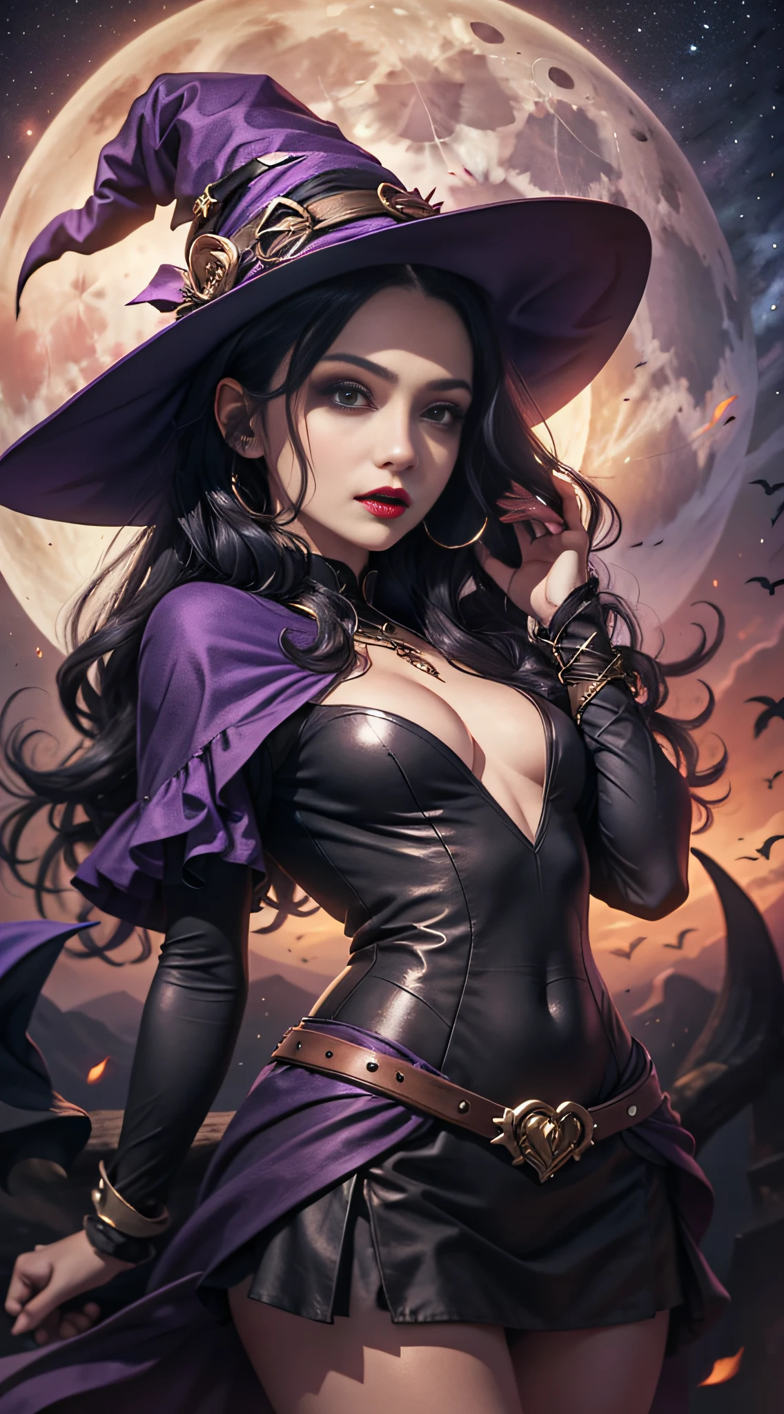 1 girl, witch woman, purple black hair, red lips, night, moon, spirits flying