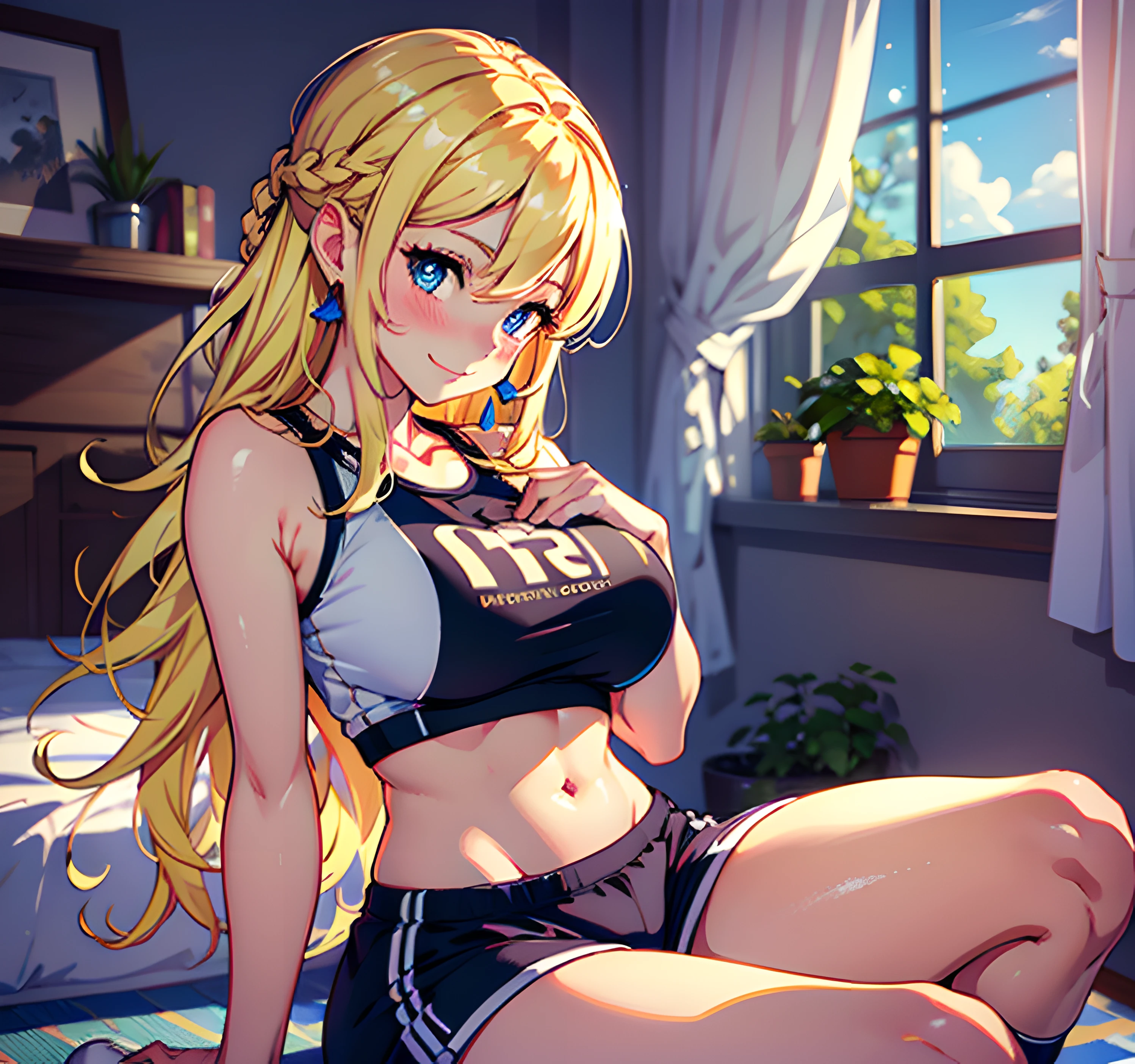 (masterpiece), detailed background 1girl, solo, BotwZelda, blonde hair, braids, long hair, hair ornament, blue eyes, (blush:1.3), looking at viewer, smile, bedroom, sitting, breast press, hugging own legs, from front, medium breasts, mature female, gym shorts, crop top, 1girl, beautiful woman in striped socks, big, kneeling, dynamic angle, (beautiful eyes)),