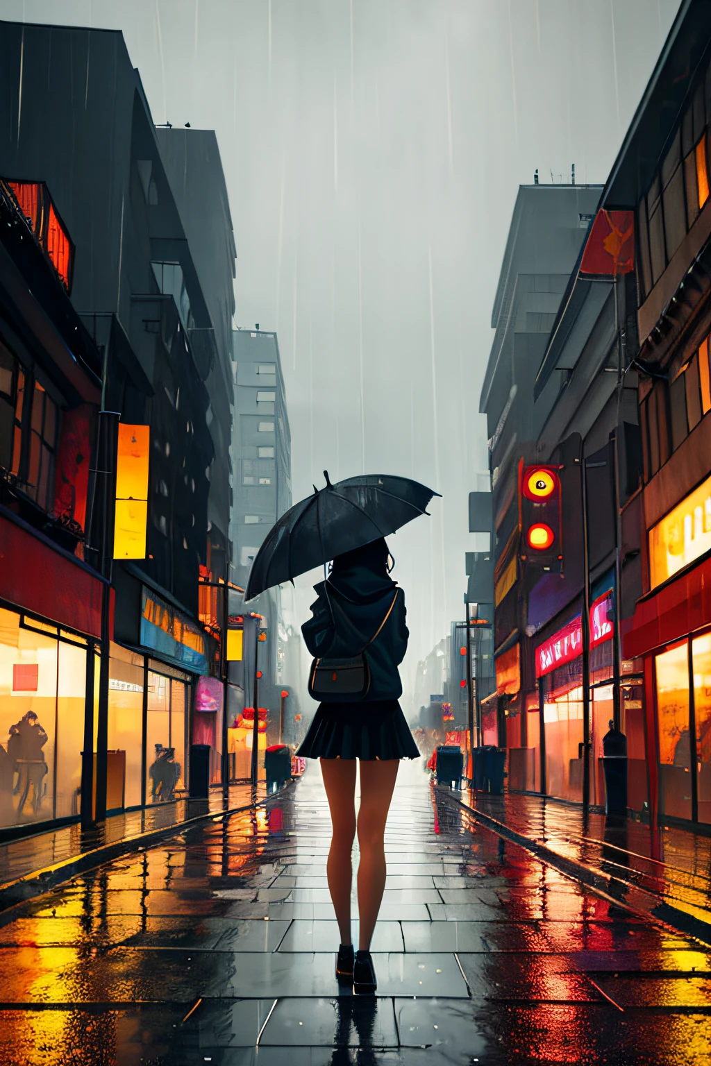 masterpiece,best quality,1girl, city,landscape,rain,umbrella,from behind