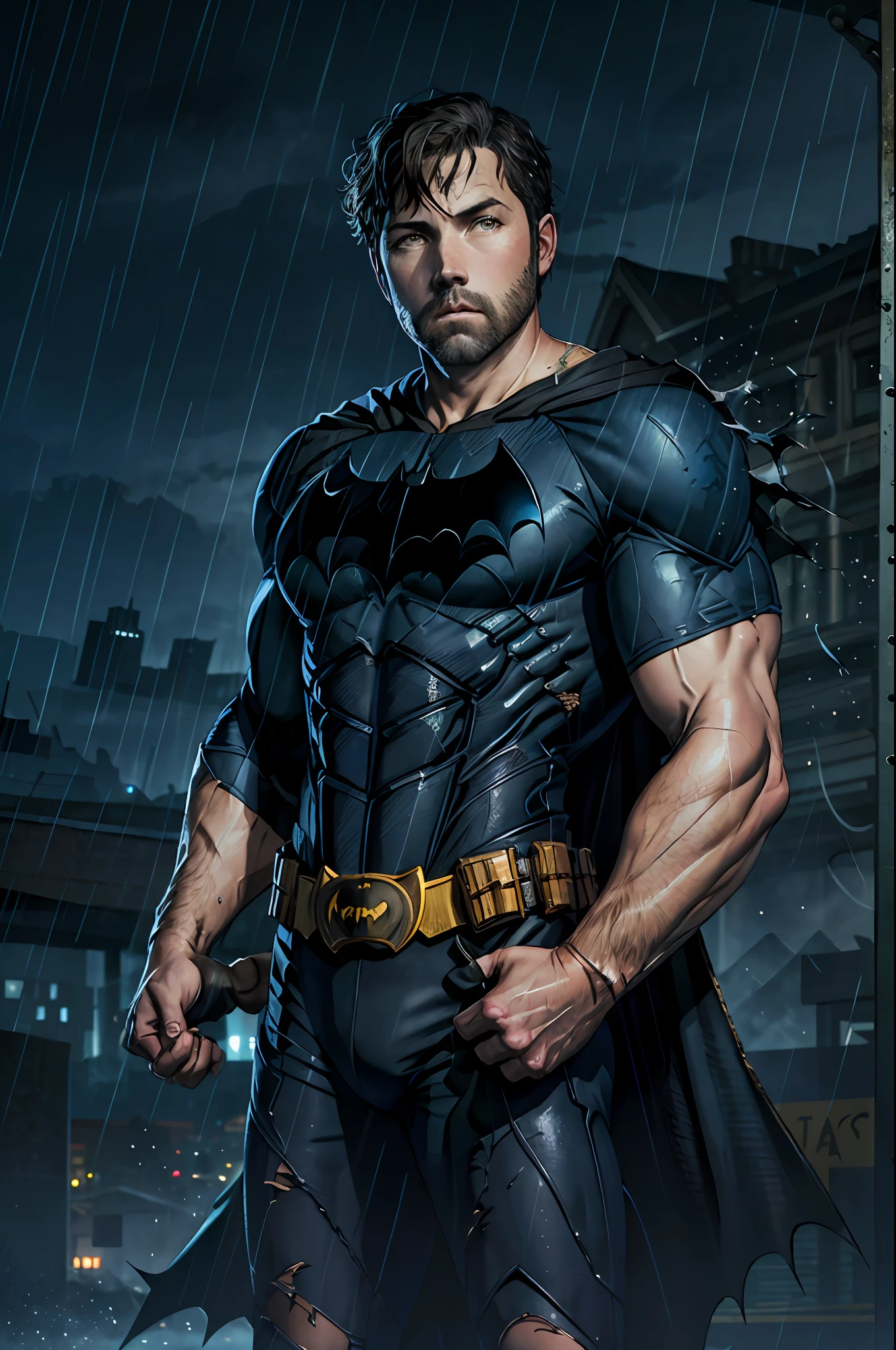 AS-Younger:1 1boy, dark scene, illustration (cowboy shot of Hugh ben affleck as batman), without mask, athletic, white eyes, without pupils, night city, (mist), particles, light rain, male focus, muscular, muscular, tattered and torn male, night, outdoors, rain, serious, dark atmosphere, detailed background, ((empty hands)), award-winning, masterpiece, hyperrealistic:1.35,