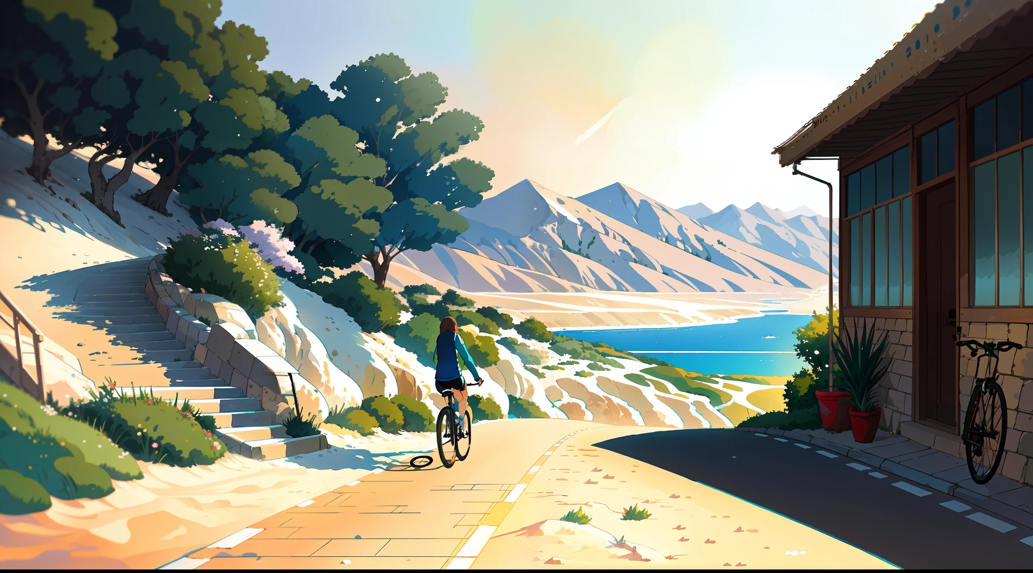 (bike: 1.5), (realistic bike: 1.5), (realistic cyclist: 1.5), back cyclist, Israel, Dead Sea, Jordan, salt beach, sun, shadows, contrast, makoto shinkai (Best quality: 1.3), (Highres:1) Art by Studio Ghibli Style, Impressionism, Vibrant Colors