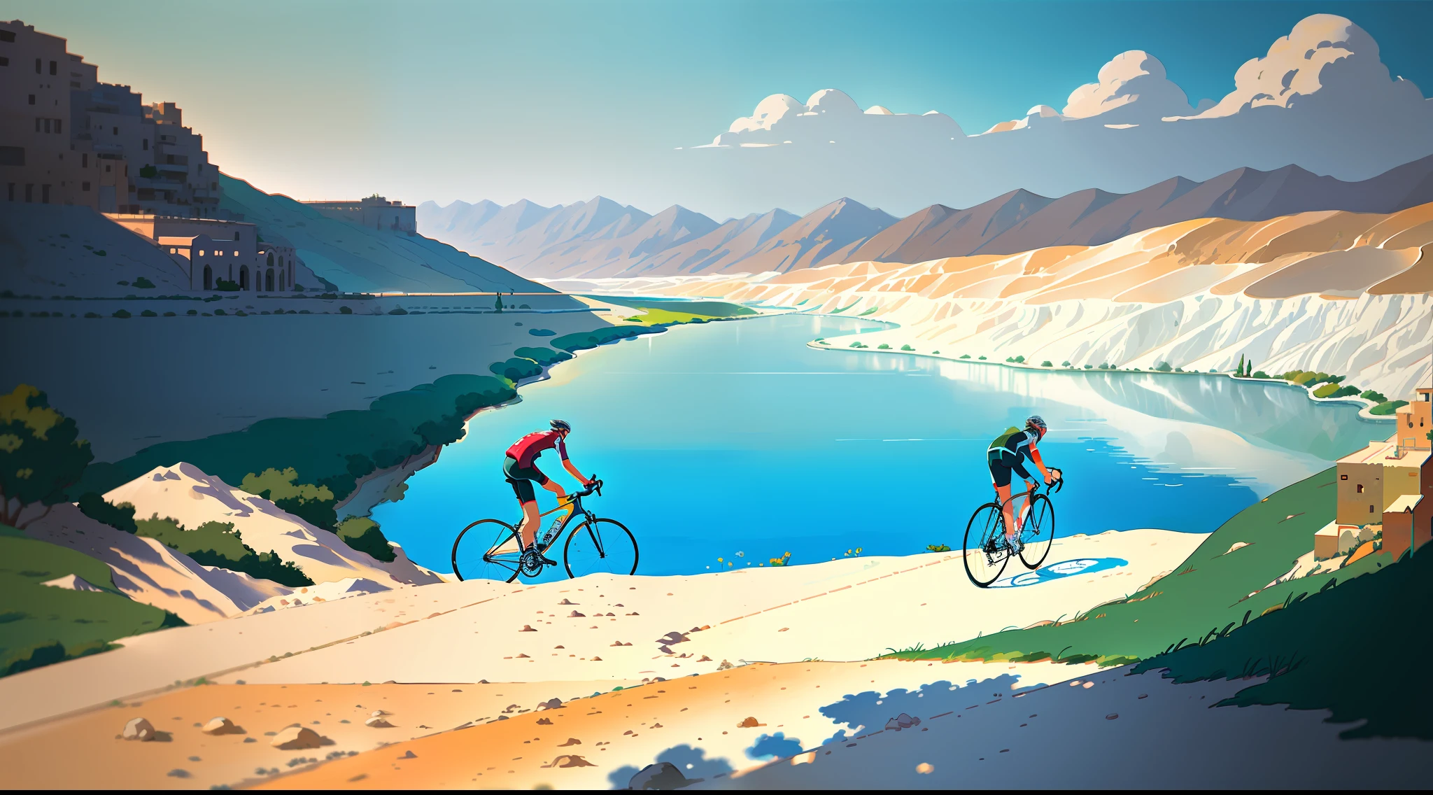 (bike: 1.5), (realistic bike: 1.5), (realistic cyclist: 1.5), back cyclist, Israel, Dead Sea, Jordan, salt beach, sun, shadows, contrast, makoto shinkai (Best quality: 1.3), (Highres:1) Art by Studio Ghibli Style, Impressionism, Vibrant Colors