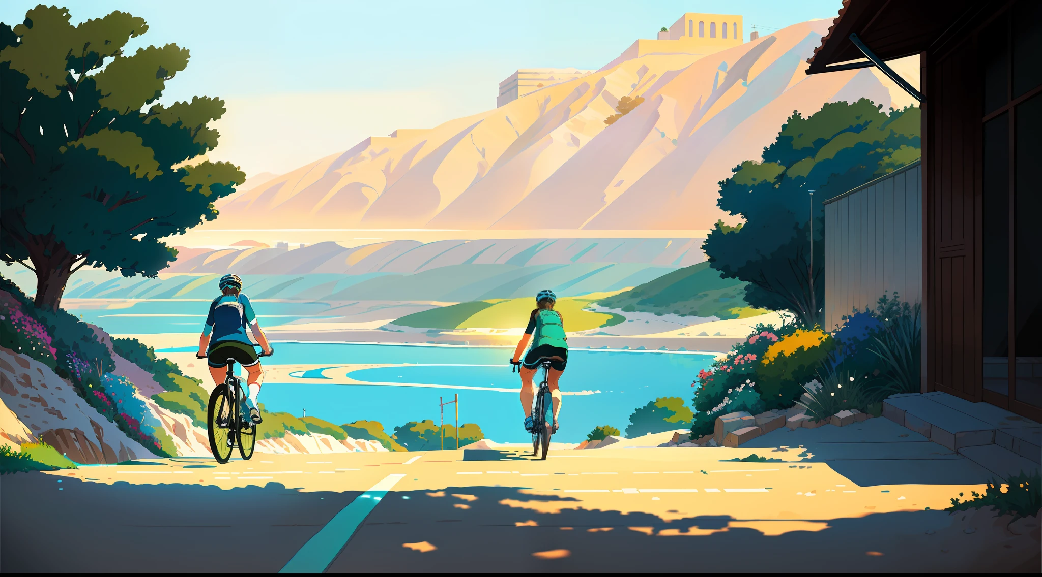 (bike: 1.5), (realistic bike: 1.5), (realistic cyclist: 1.5), back cyclist, Israel, Dead Sea, Jordan, salt beach, sun, shadows, contrast, makoto shinkai (Best quality: 1.3), (Highres:1) Art by Studio Ghibli Style, Impressionism, Vibrant Colors