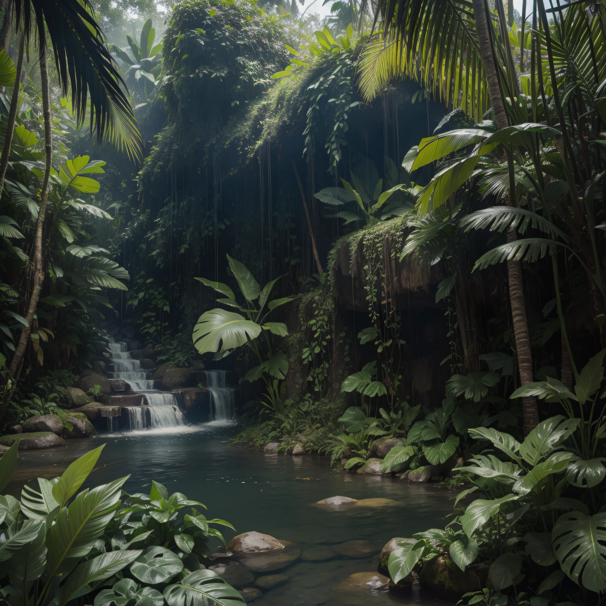 dense jungle, tropical , wet foliage, cinematic, masterpiece