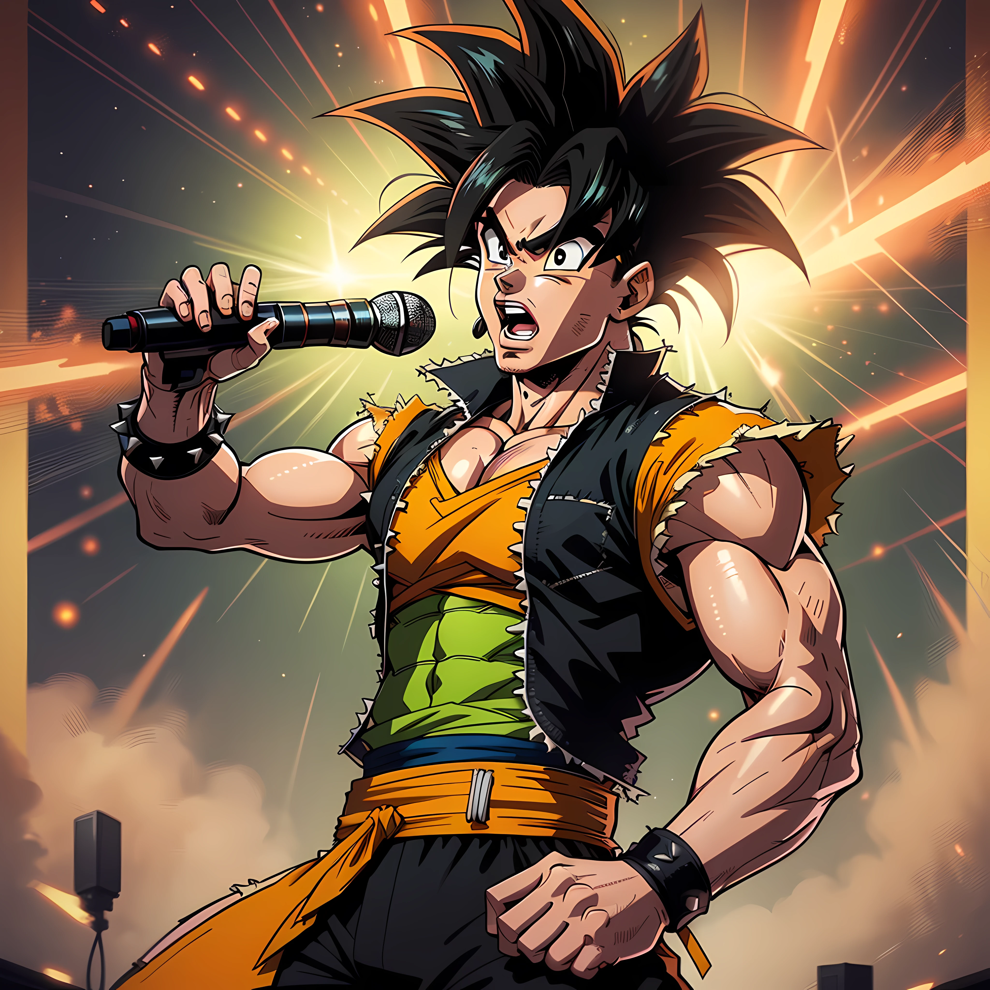 solo, detailed eyes, male face, concert, stage lights, black hair, morning, sunny, spiked hair, Goku, muscular man, detailed background, open mouth, microphone, pop, singing, concert, anime, Goku dragon ball z, muscular Goku