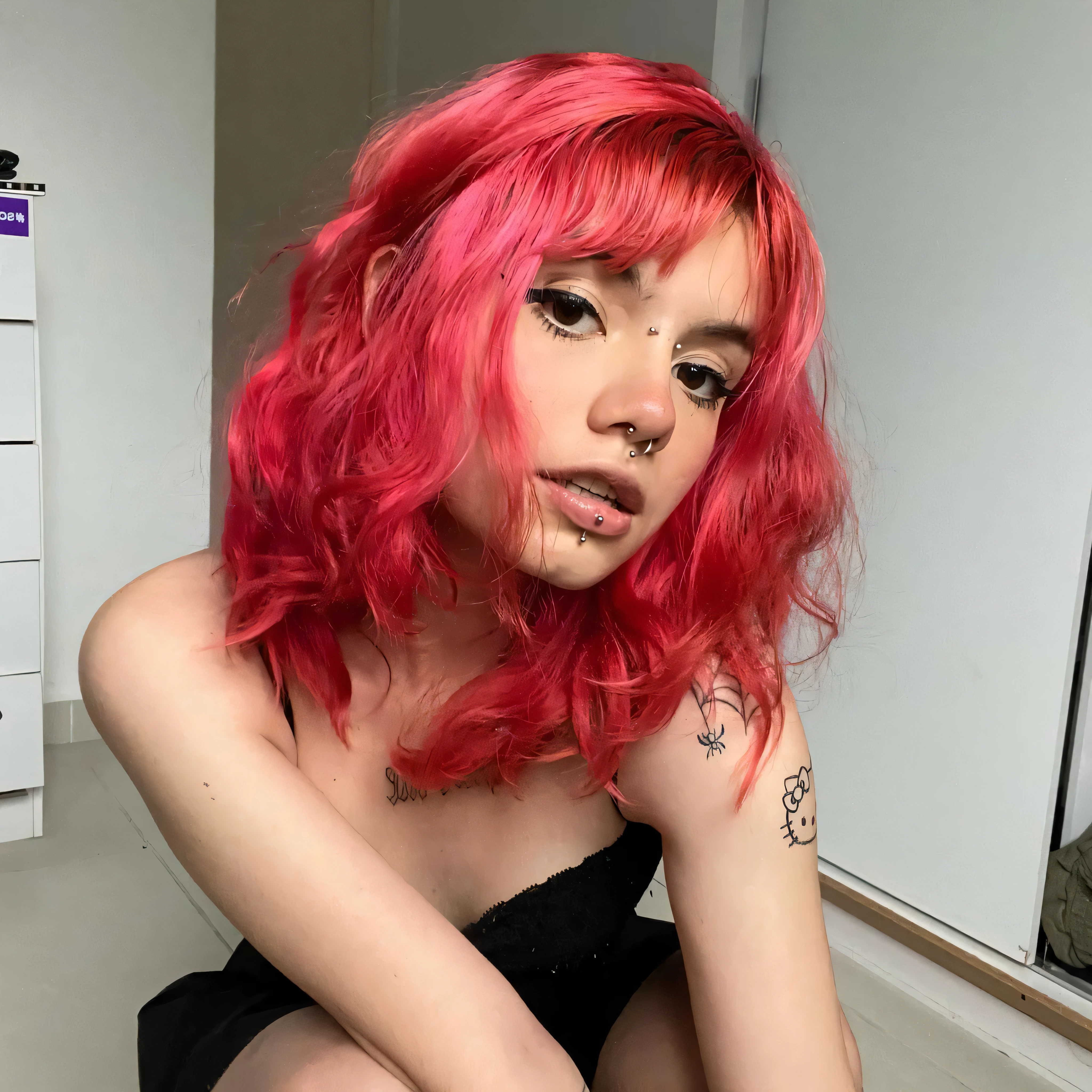 there is a woman with red hair sitting on a toilet, cute girl with short pink hair, pink and red color style, with pink hair, red wig, curly pink hair, red dyed hair, wavy vibrant red hair, with curly red hair, pink hair, light pink hair with pink flames, pink wispy hair, bright red hair, short pink hair