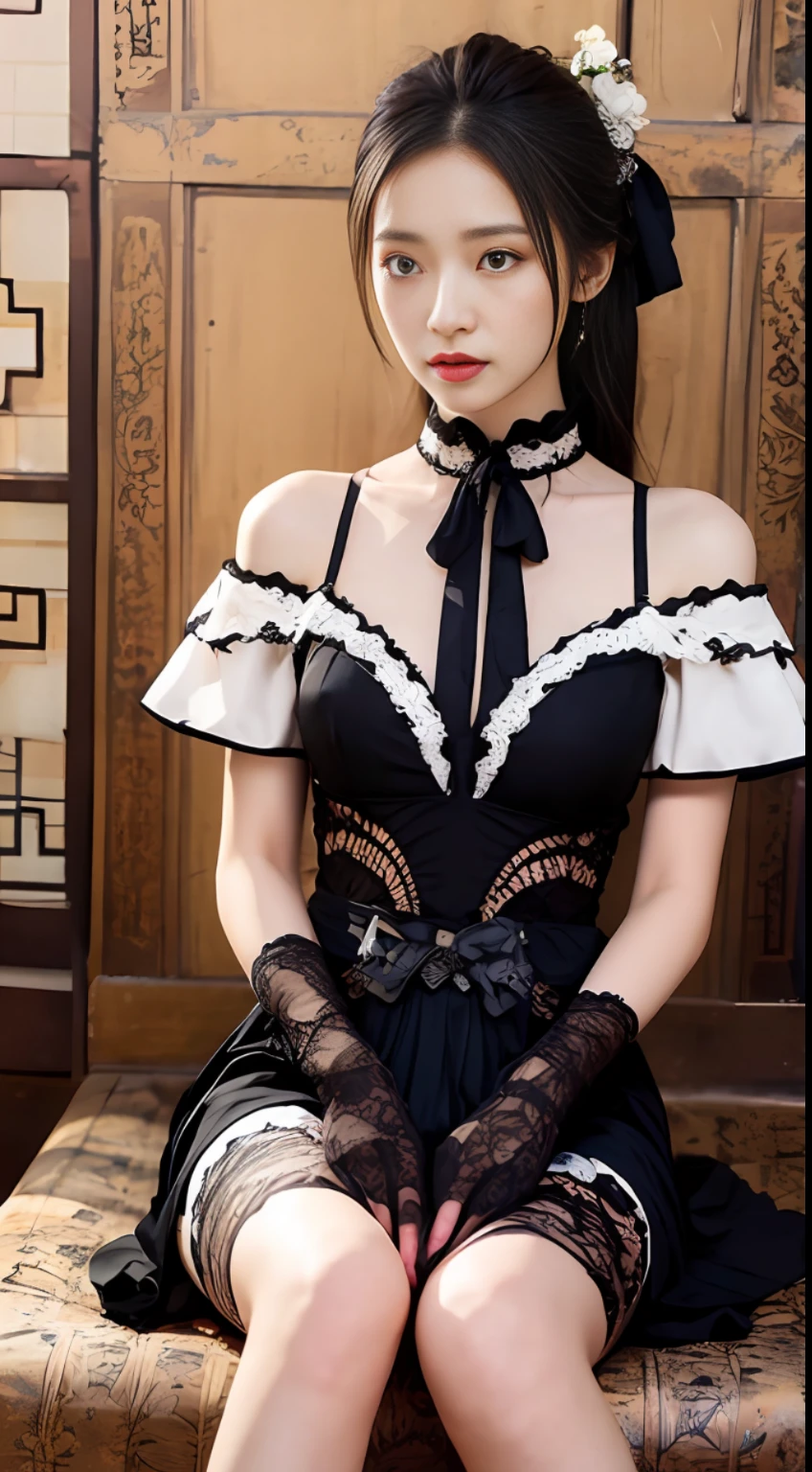 A dress with a chinoiserie style with lace elements at the neckline and cuffs of the dress Dark pattern is a traditional moire pattern, details such as pleats, embroidery, beads, silk, crepe, knee-length or length, and a bow or flower decoration at the waist or neckline