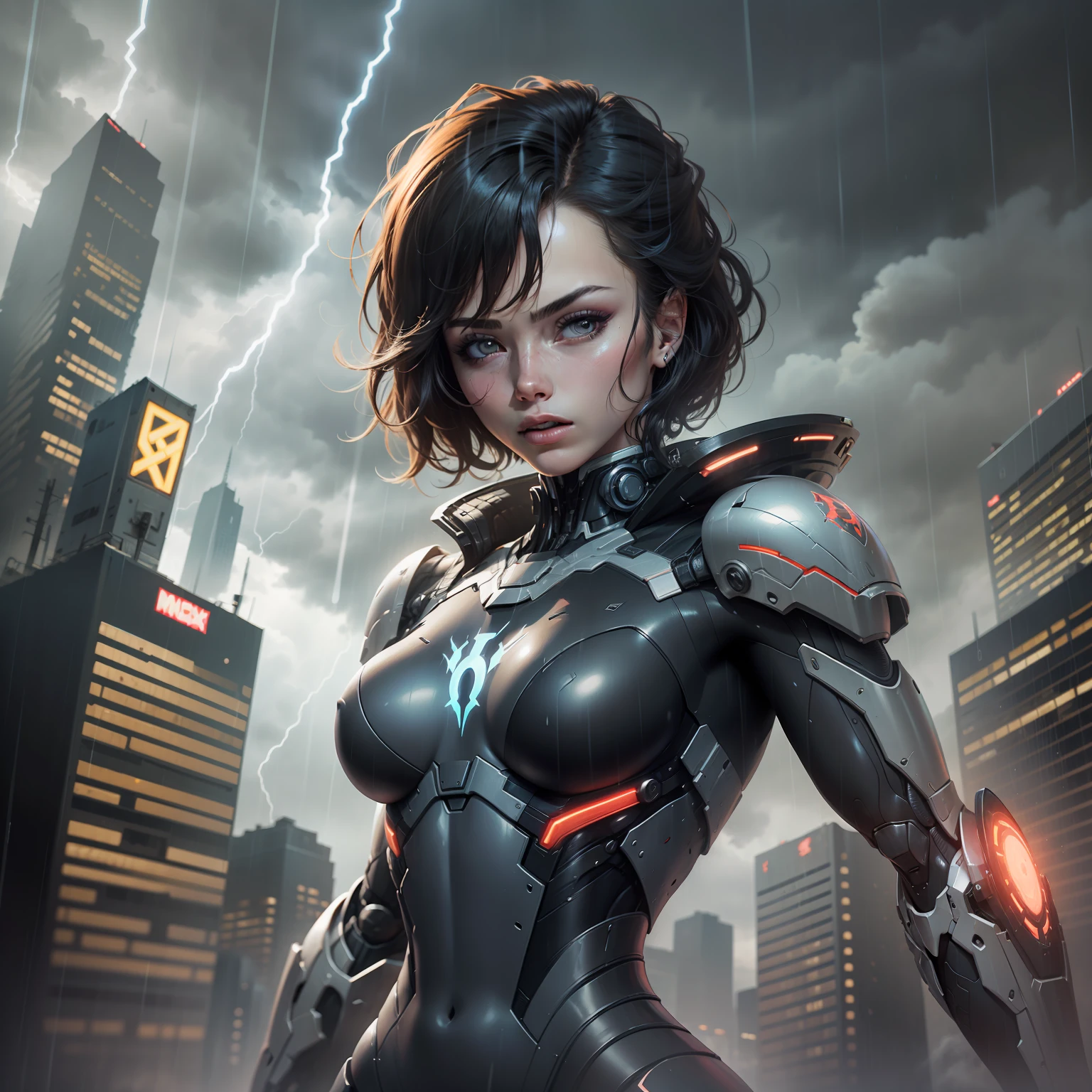 rogue (x-men), beautiful girl, sculptural body sexy makeup, masterpiece, best quality, cowboy shot, 1girl, solo, short hair, black tech bodysuit, armor bodysuit, bangs, hero pose, attack poses, in a dark Gotham city, (in a scary Gotham city), ((Gothan rainy storm)), ethereal and mecha theme, Warframe Art, anime mecha aesthetic, cybernetic suit, Mecha Armor, (black color armor with red1. two)