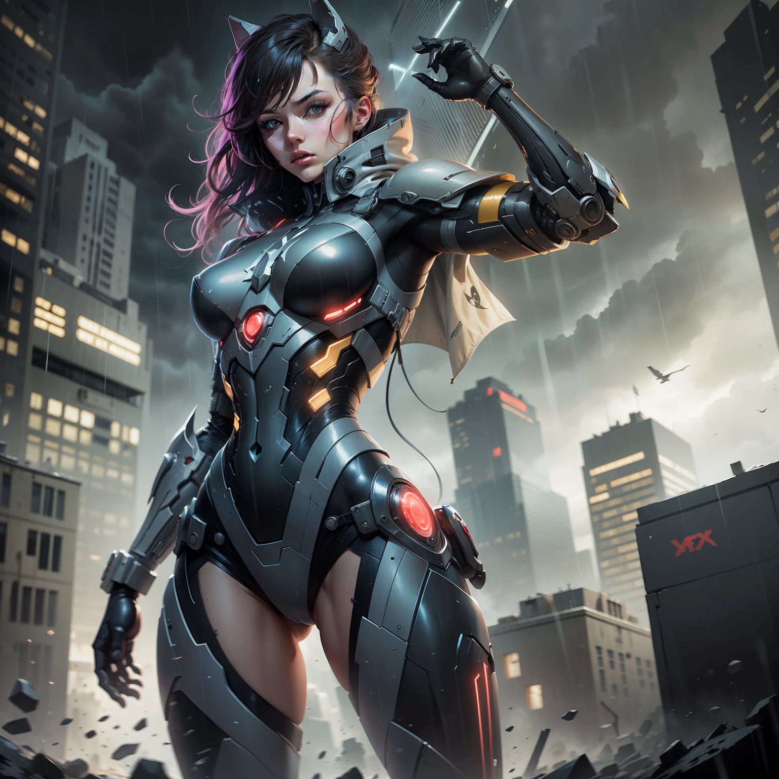 rogue (x-men), beautiful girl, sculptural body sexy makeup, masterpiece, best quality, cowboy shot, 1girl, solo, short hair, black tech bodysuit, armor bodysuit, bangs, hero pose, attack poses, in a dark Gotham city, (in a scary Gotham city), ((Gothan rainy storm)), ethereal and mecha theme, Warframe Art, anime mecha aesthetic, cybernetic suit, Mecha Armor, (black color armor with red1. two)