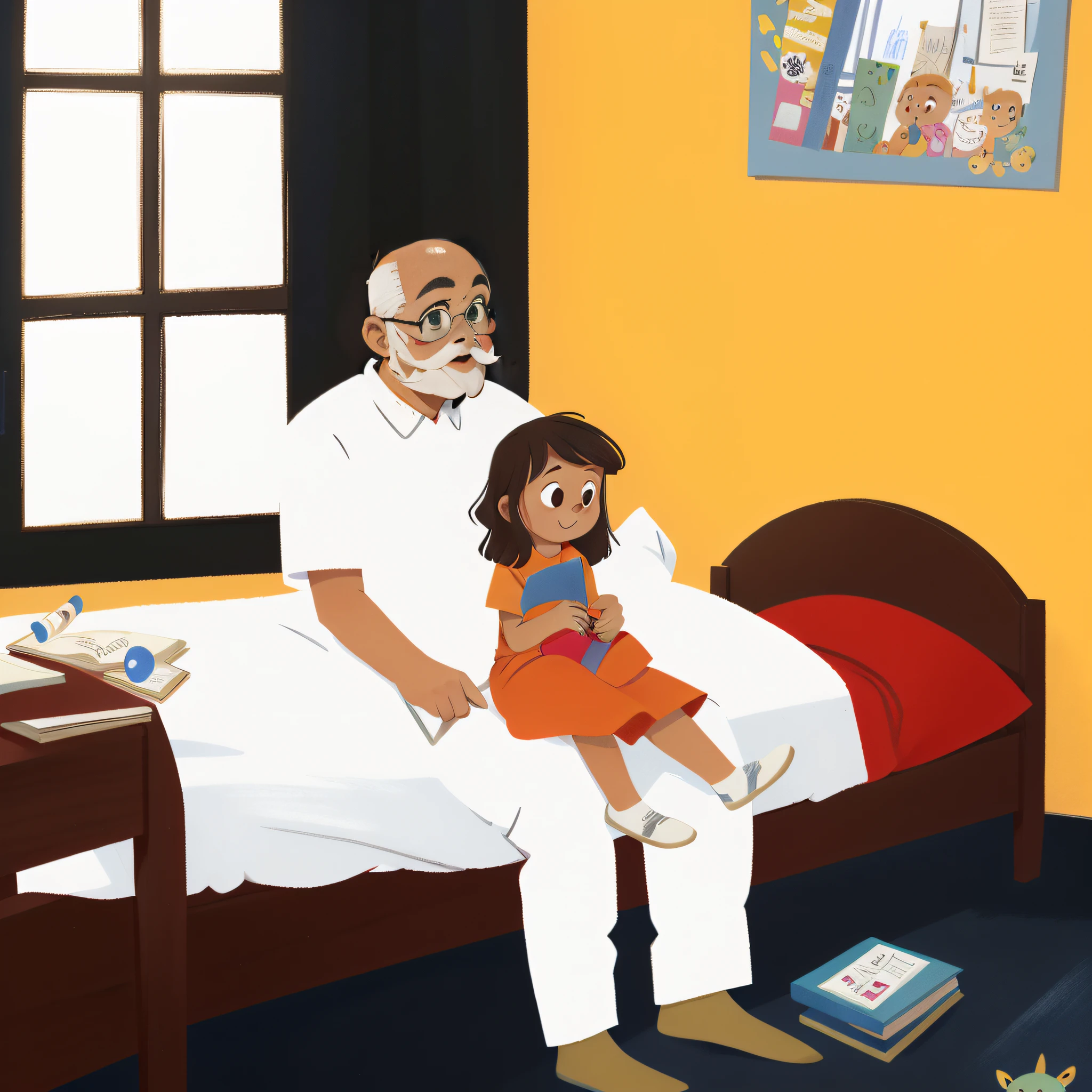 there is a bald, green-eyed man and a girl sitting on a bed, children's book illustration, children's book illustration, children's book illustration, children's book illustration, children's book illustration, children's book illustration, children's book illustration, history book illustration, storybook illustration,  colorful storybook illustration, inspired by Bapu