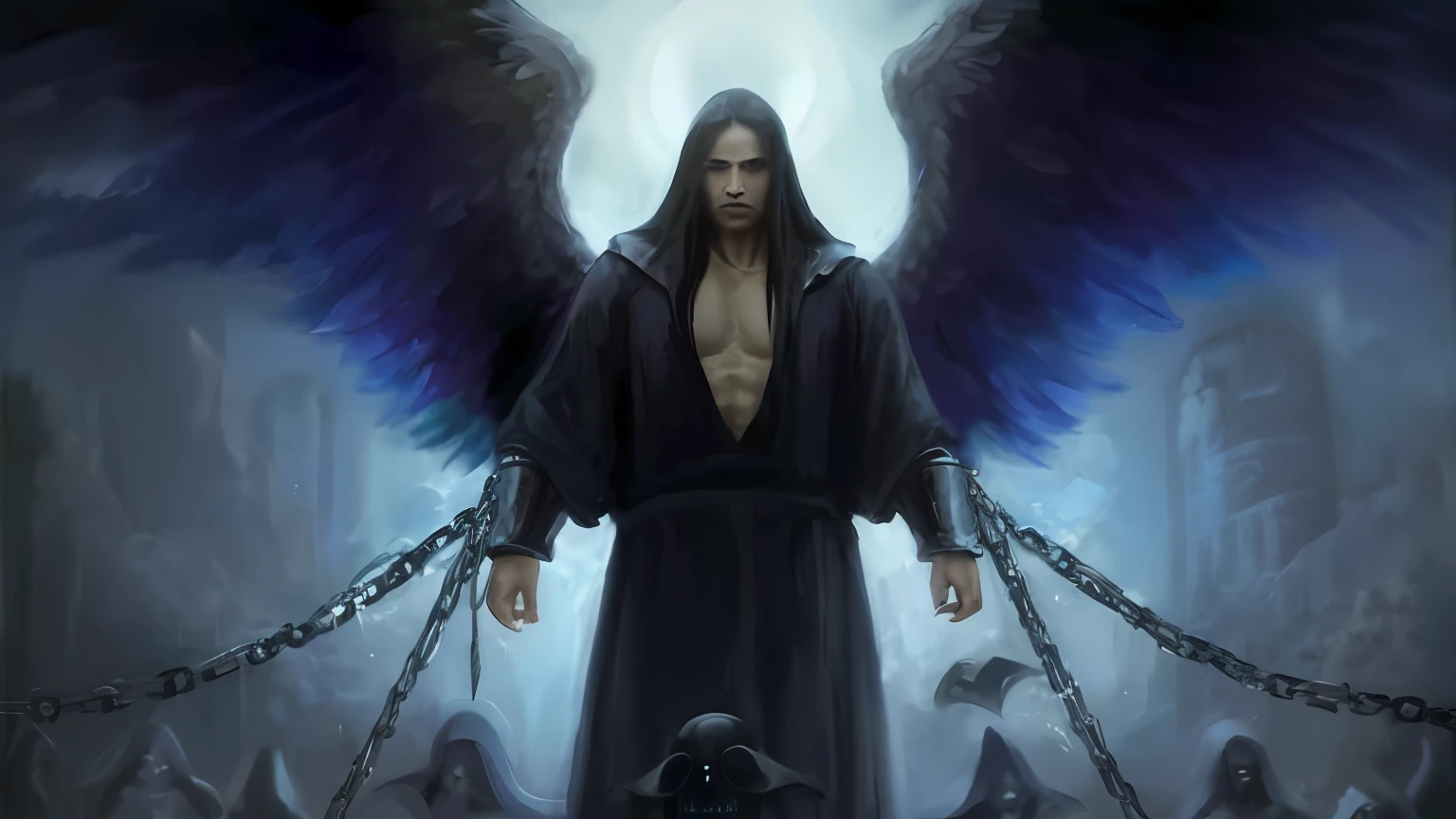 A photo taken shows a man with wings chained to chains, Angel of Darkness, Beautiful God of Male Death, The Angel of Death, Archangel, The Angel of Death with a halo, Angel with Black Wings, Human Need Angel of Death, Thanatos, Lucifer, Villainy Has Black Angel Wings, Greek Myth of Darkness, Greek Dark Ritual Myth