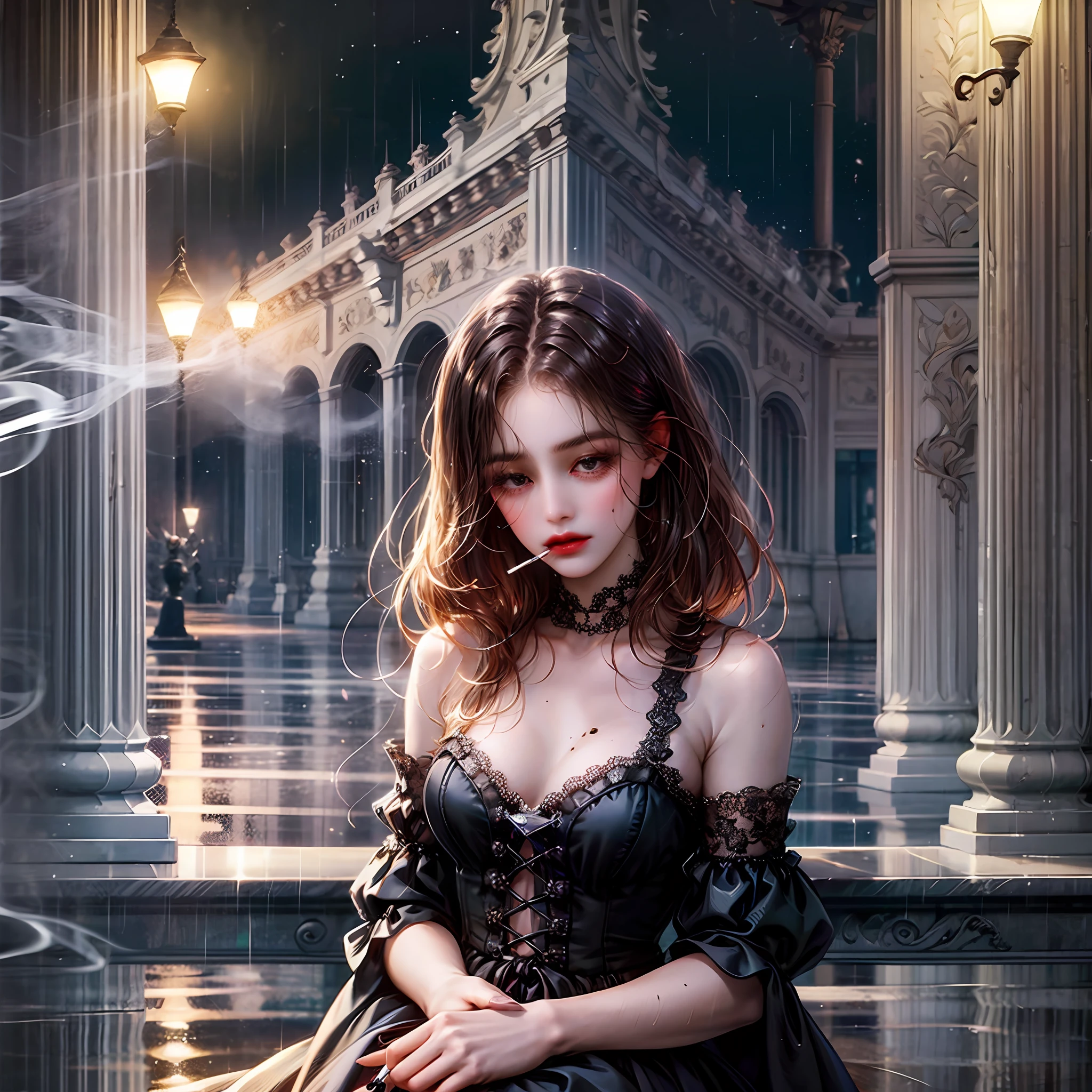 1girl, melancholic vibes, modern museum setting, smoking a cigarette, depression, sad mood, night time, rainy day, blues, long black hair, mole on cheek, beautiful, gorgeous, (masterpiece), stunning, exquisite, long nails, red lips, black eyes, muted colors in her outfit --auto