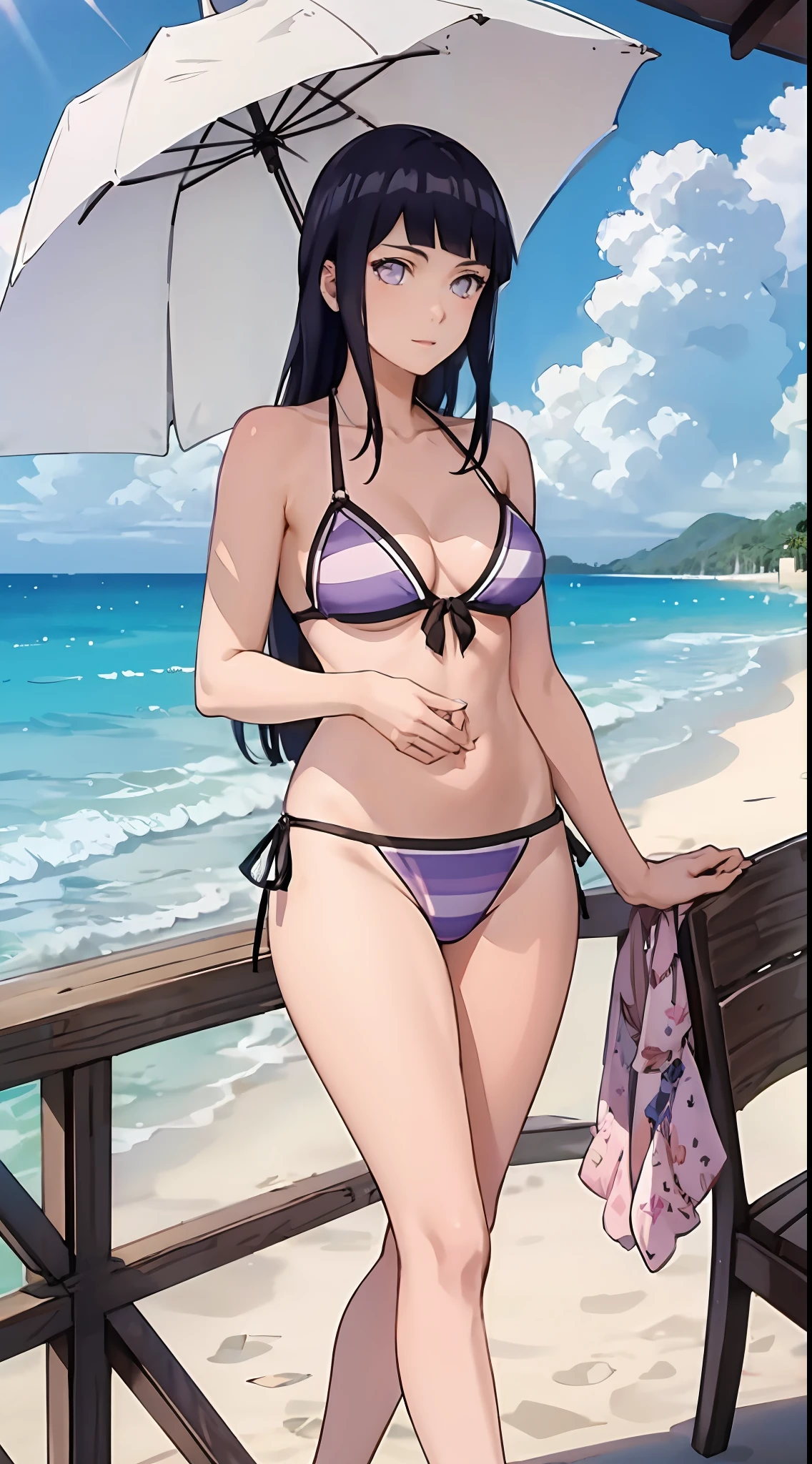 hyuga hinata, side tie bikini, medium breast, slim legs, sunny day, Beach, leaning, beautiful eyes