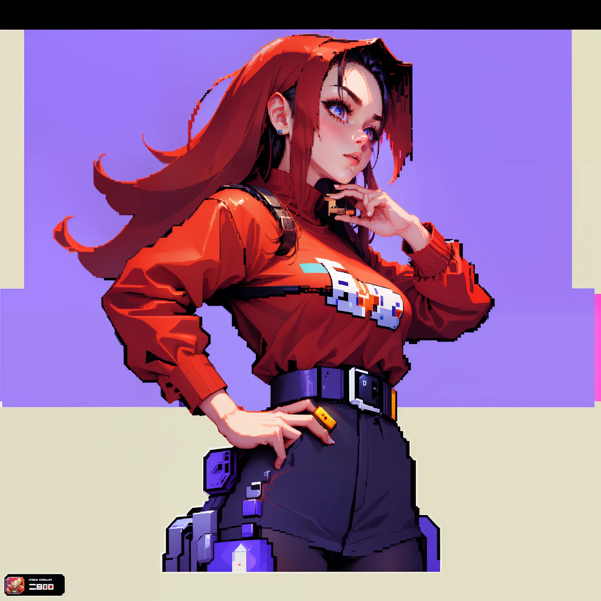 a woman in a red shirt is playing a video game, 3 0 4 0 x 1 4 4 0 pixel art, 3 0 4 0 x 1 4 4 0, 32-bit pixel art, pixelated art, colorful pixel art, detailed pixel artwork, beautiful detailed pixel art, pixelart, cyberpunk pixel art, 1 6 bit colors, art of pixel jeff franek