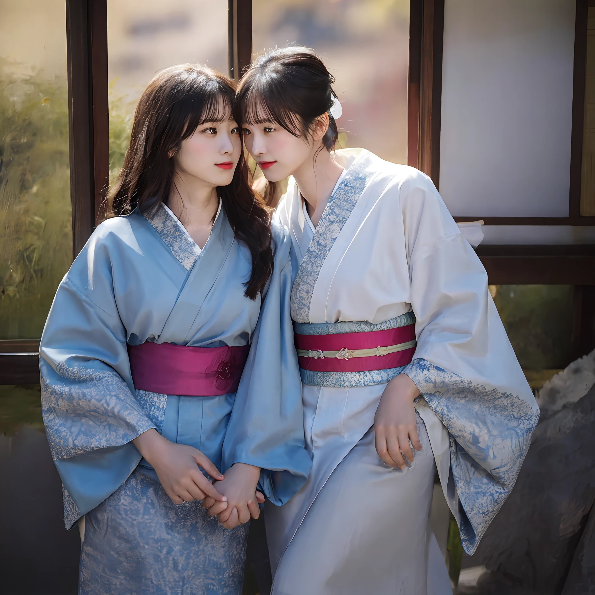 Couple of homosexual young women making love to each other, holding hands, wearing Japan traditional thin kimono and is sheer kimono, there is a young beautiful slender girl looking out the window, she is wearing a traditional Japan kimono and is beautiful, best quality, realistic, photorealistic, best quality, masterpiece, very delicate and beautiful, very detailed, fine detail, super detail, high resolution, very detail, realistic, ultra high definition, best quality, ultra high definition, high quality textures