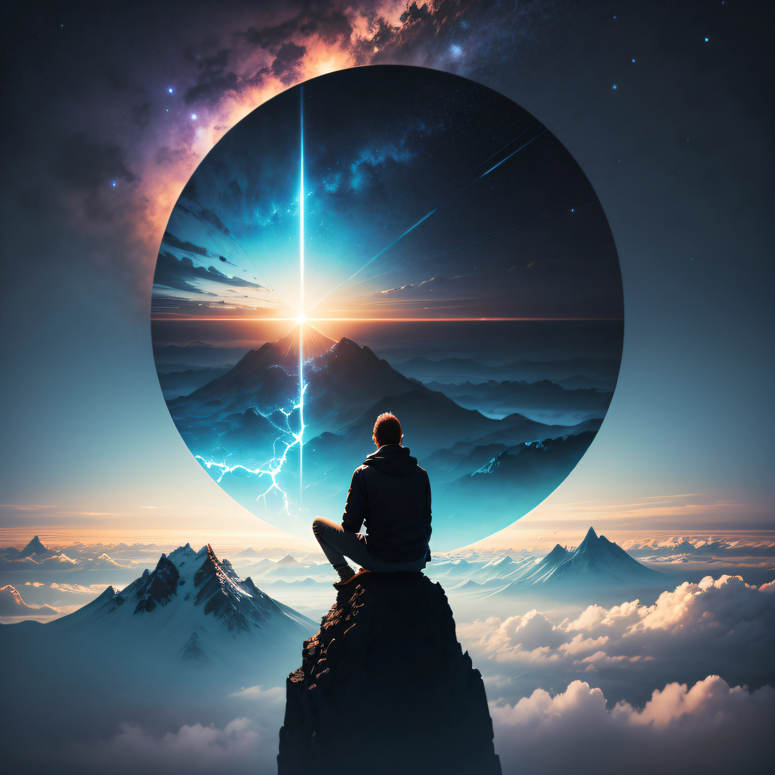 Realistic landscape of the silhouette of a person on top of a mountain observing a large technical portal in the sky to another dimension --auto