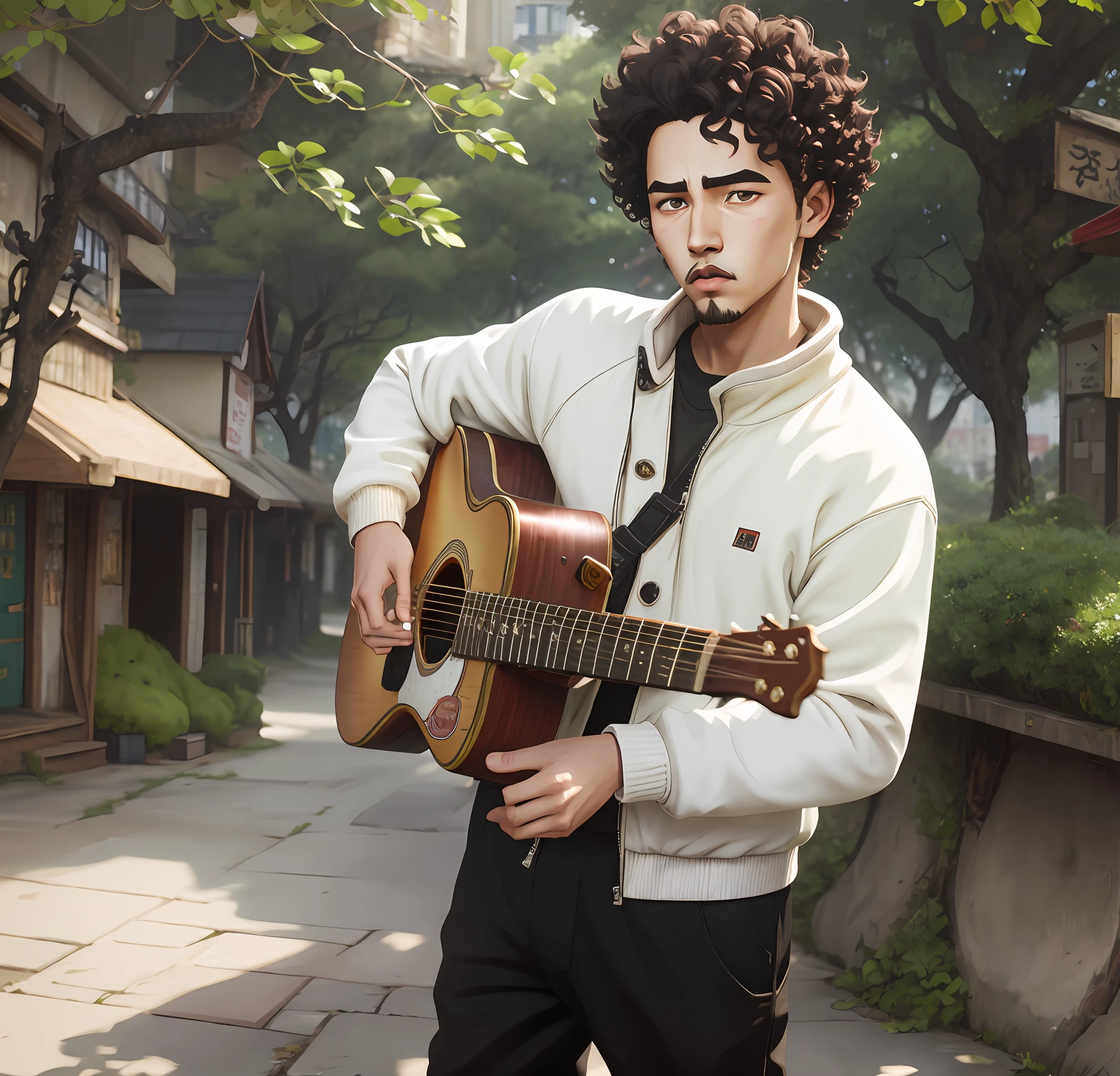 Portrait of a boy standing thin white, 19 years old, curly hair and black, wearing black pants and sweatshirt, holding a guitar aside, with a goatee, in a tree-lined square with Naruto-style buildings