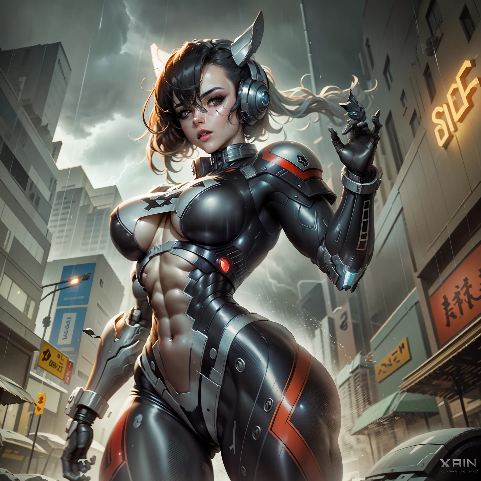 rogue (x-men), beautiful girl, sculptural body sexy makeup, masterpiece, best quality, cowboy shot, 1girl, solo, short hair, black tech bodysuit, armor bodysuit, bangs, hero pose, attack poses, in a dark Gotham city, (in a scary Gotham city), ((Gothan rainy storm)), ethereal and mecha theme, Warframe Art, anime mecha aesthetic, cybernetic suit, Mecha Armor, (black color armor with red1. two)