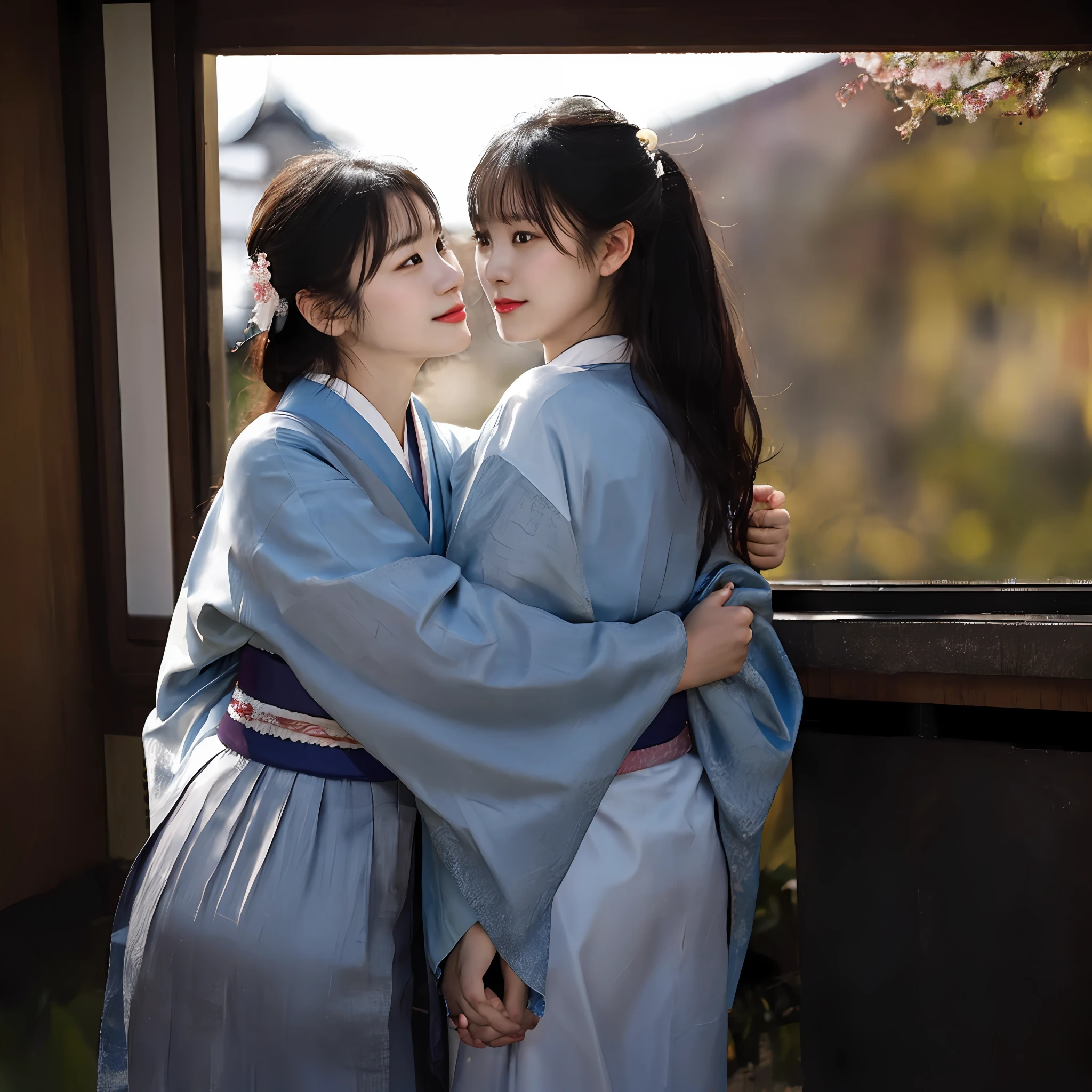Couple of homosexual young women making love to each other, holding hands, wearing Japan traditional thin kimono and translucent kimono, there is a young beautiful slender girl looking out the window, she is wearing a traditional Japan kimono and is beautiful, best quality, realistic, photorealistic, best quality, masterpiece, very delicate and beautiful, very detailed, fine detail, super detailed, high-resolution, very detailed, realistic, ultra high-definition, best quality, ultra high-definition, high-quality textures