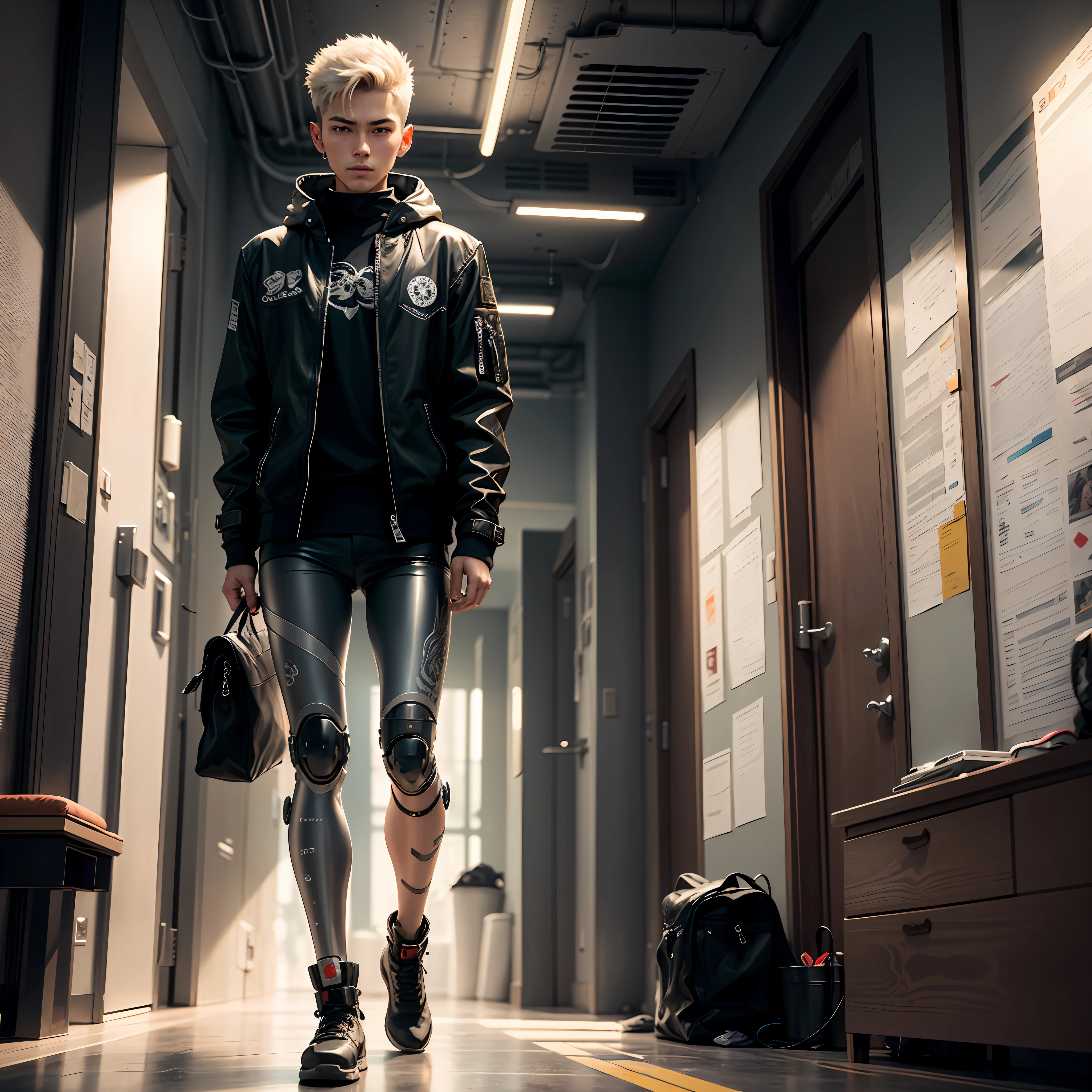 A young man with light-colored skin and short hair. His left arm and right leg were removed and replaced with a black mechanical prosthesis with intricate lines and lines on the prosthesis, which looked very cool. His eyes are holographic displays, and his costume style is very unique, wearing a black leather jacket and black leather boots with various decorations and logos on them. He has many hidden bags and pockets on his leather coat, a small camera and a voice recorder on his wrist, a pair of black headphones plugged into his ears, the exterior design is very cool and futurism, perfectly embodying the cyberpunk style, and both hands are tattooed in Japanese style, drawn in black ink, containing various traditional Japanese motifs, such as dragons, flowers, birds and so on. --auto