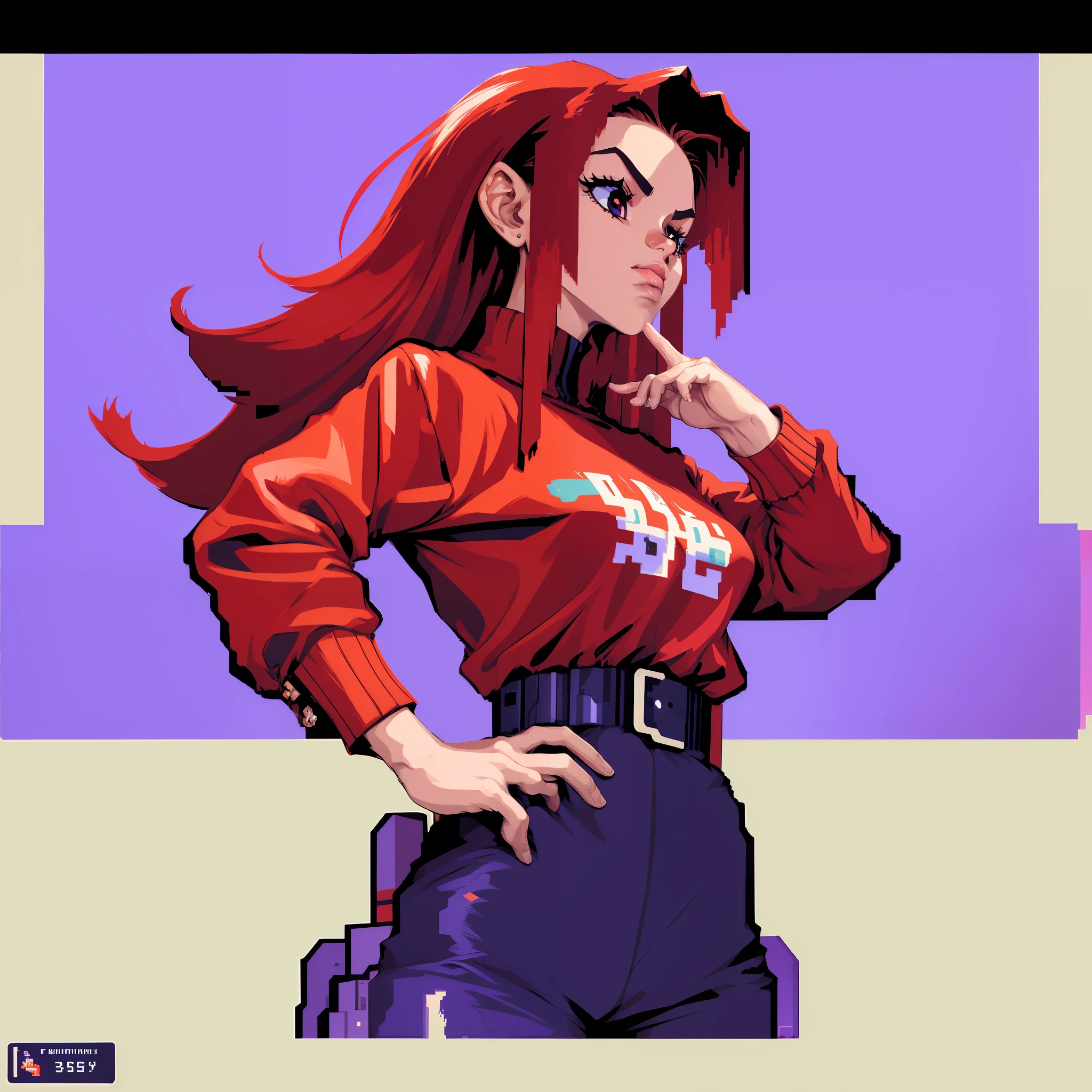 a woman in a red shirt is watching the floating menu in front of her while playing a video game, city with neon as background, 3 0 4 0 x 1 4 4 0 pixel art, 3 0 4 0 x 1 4 4 0, 32-bit pixel art, pixelated art, colorful pixel art, detailed pixel art, detailed pixel art, detailed pixel art, pixelart, cyberpunk pixel art, 1 6 bit colors, pixel art jeff franek