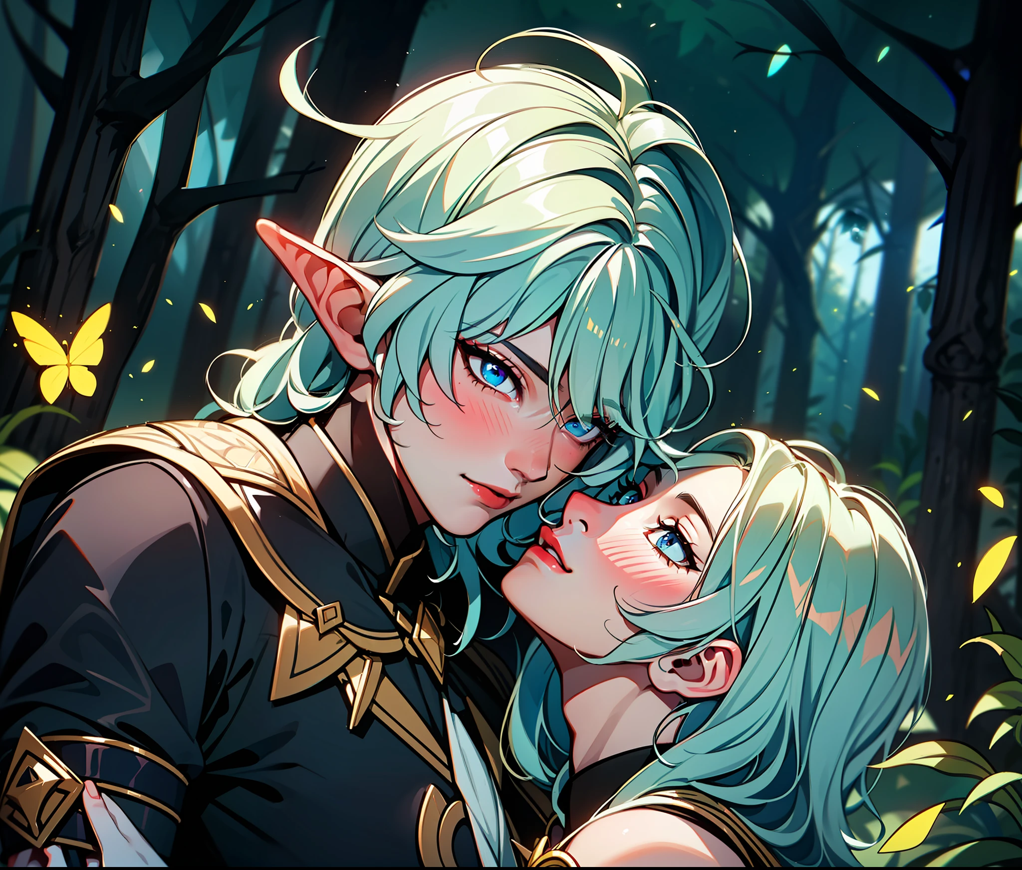 Two elven mans kissing, two mens, 2boys, homosexual couple, men kissing eachother, blush cheeks, shy, cute scene, yaoi style, yaoi, boyslove ((masterpiece)), artstation style, shonen ai, elven boys, elf boys, two boys, two Man, male characters, elf, elven, fantasy, cute boy, masculine man, in love, love scene, forest background, dark ambience, myaterious atmosphere, uhd,8k,16k,4k