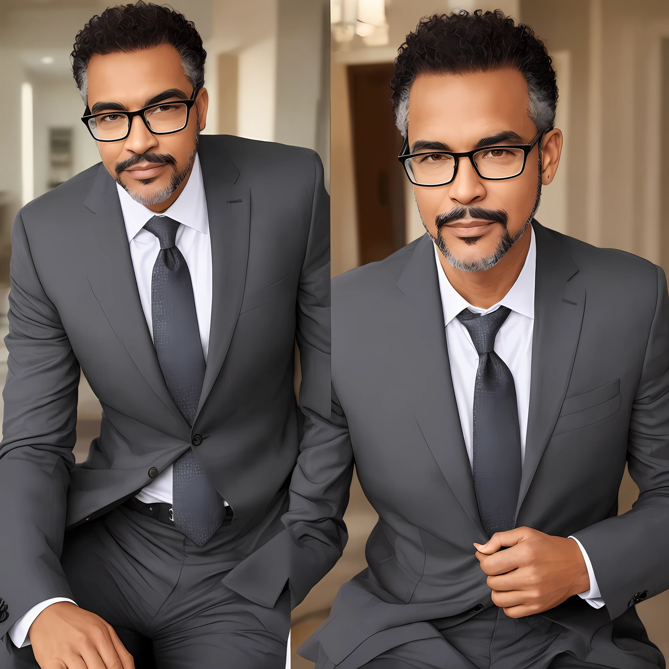 Man 42 years goatee, black skin, glasses, suit, straight hair, ultra realistic