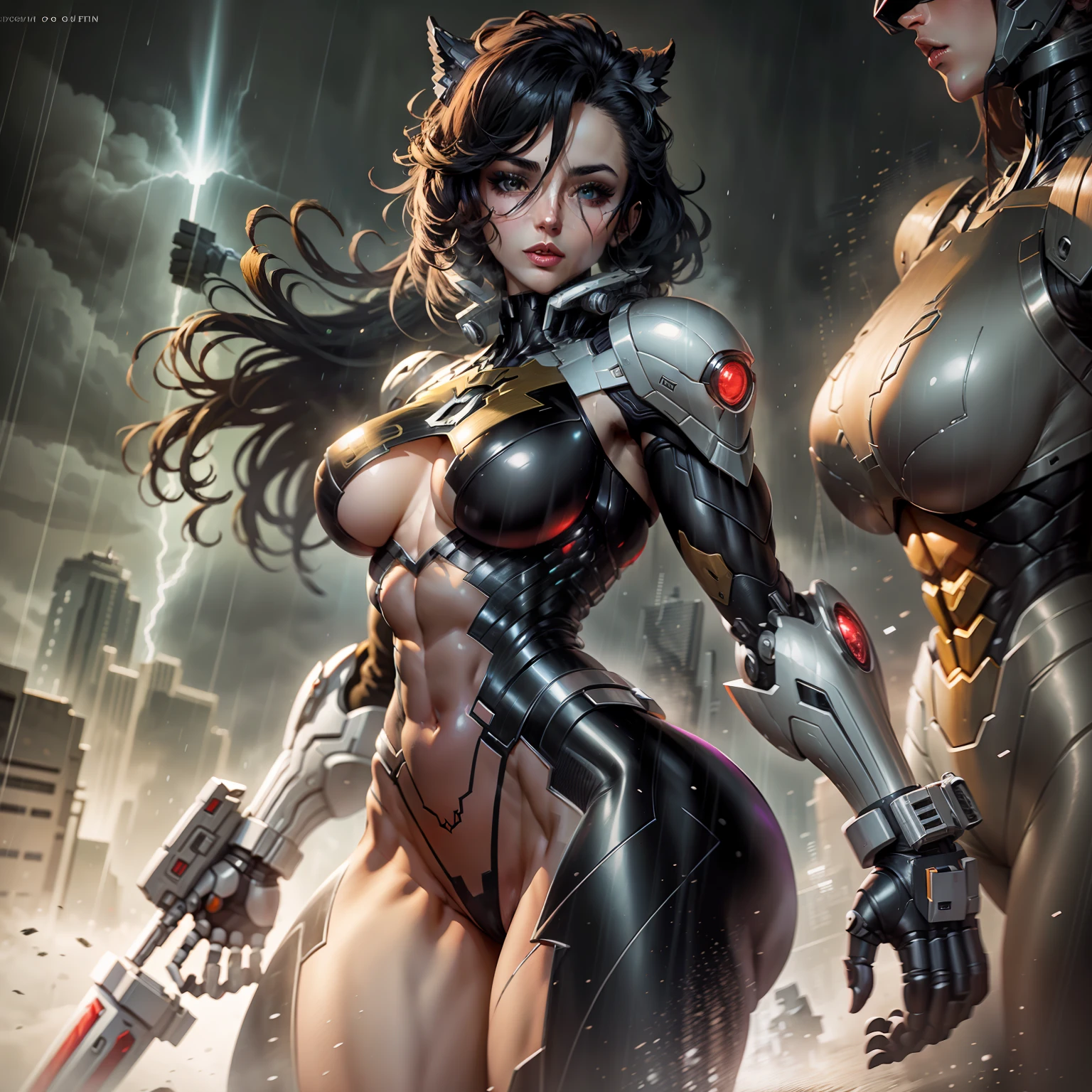 rogue (x-men), beautiful girl, sculptural body sexy makeup, masterpiece, best quality, cowboy shot, 1girl, solo, short hair, black tech bodysuit, armor bodysuit, bangs, hero pose, attack poses, in a dark Gotham city, (in a scary Gotham city), ((Gothan rainy storm)), ethereal and mecha theme, Warframe Art, anime mecha aesthetic, cybernetic suit, Mecha Armor, (black color armor with red1. two)
