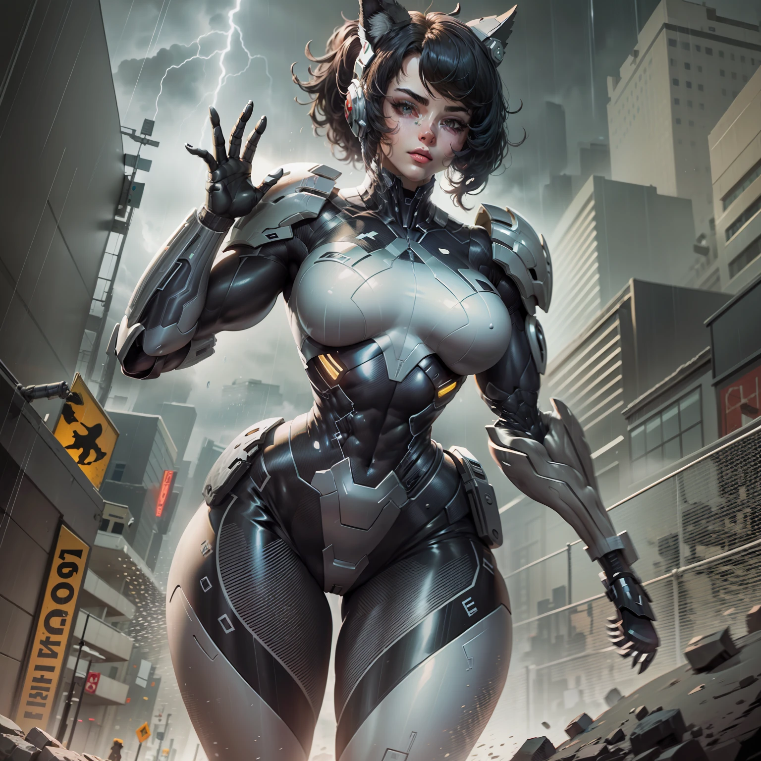 rogue (x-men), beautiful girl, sculptural body sexy makeup, masterpiece, best quality, cowboy shot, 1girl, solo, short hair, black tech bodysuit, armor bodysuit, bangs, hero pose, attack poses, in a dark Gotham city, (in a scary Gotham city), ((Gothan rainy storm)), ethereal and mecha theme, Warframe Art, anime mecha aesthetic, cybernetic suit, Mecha Armor, (black color armor with red1. two)