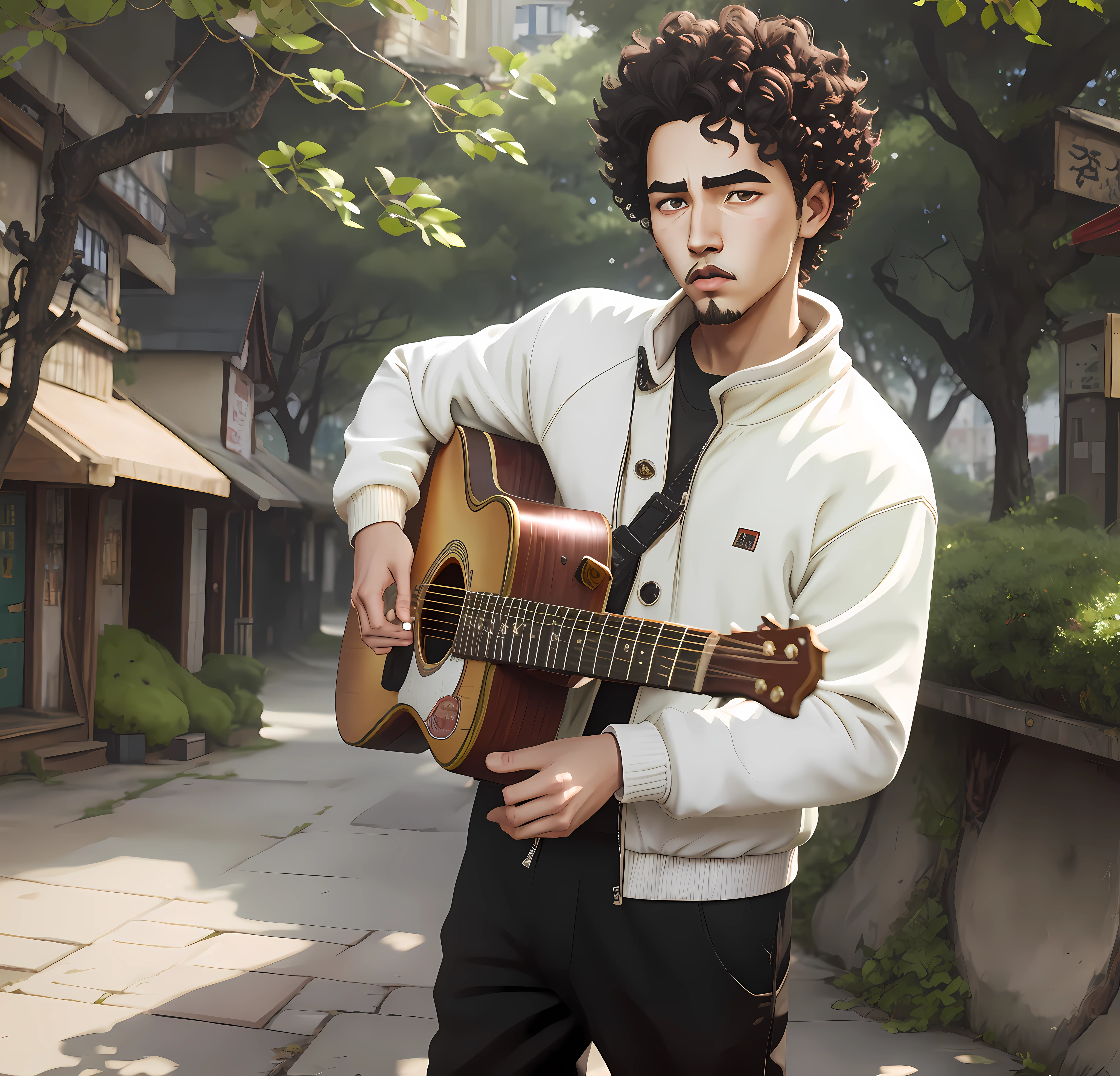 Portrait of a boy standing thin white, 19 years old, curly hair and black, wearing black pants and sweatshirt, holding a guitar aside, with a goatee, in a tree-lined square with Naruto-style buildings
