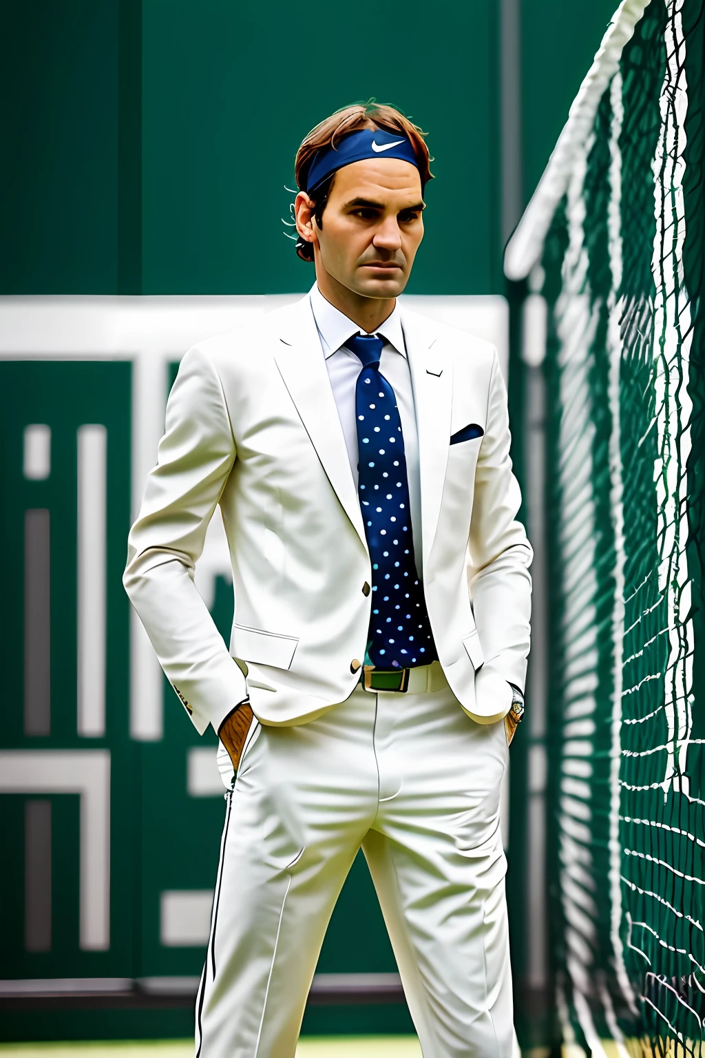 Roger Federer, standing at the net, Wimbledon Tennis center court, wide full body portrait, wearing a light color single button jacket with lapels, blue striped shirt, polka dot tie, even studio light, photorealistic, Goerz Hyperon 6.5mm F/8 camera. --auto