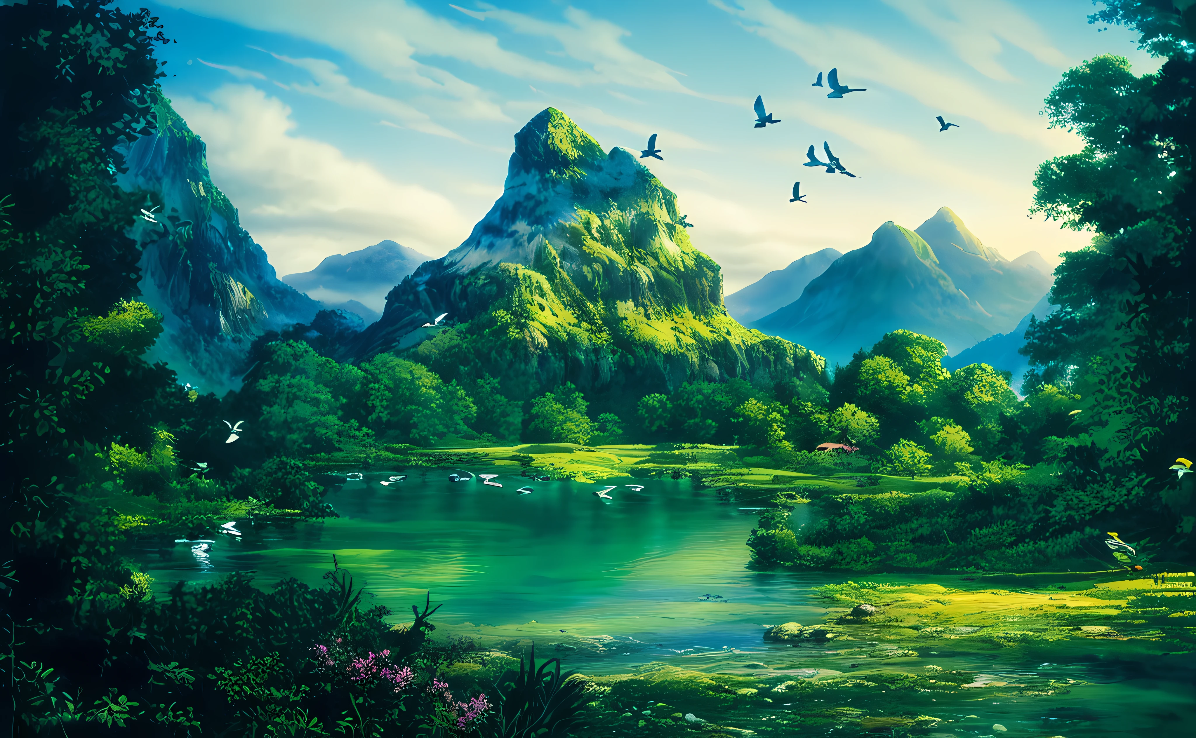 (extremely detailed 8k wallpaper) +, Painting of a mountain scene with a lake and birds flying over it, beautiful mountain background, lakeside mountains, majestic nature scenery, stunning fantasy landscape, dreamlike epic fantasy landscape, highly detailed 4k digital art, fantasy landscape, scenic fantasy, 3D virtual landscape painting,  peaceful landscape, natural landscape beauty, fantasy art landscape, high fantasy landscape