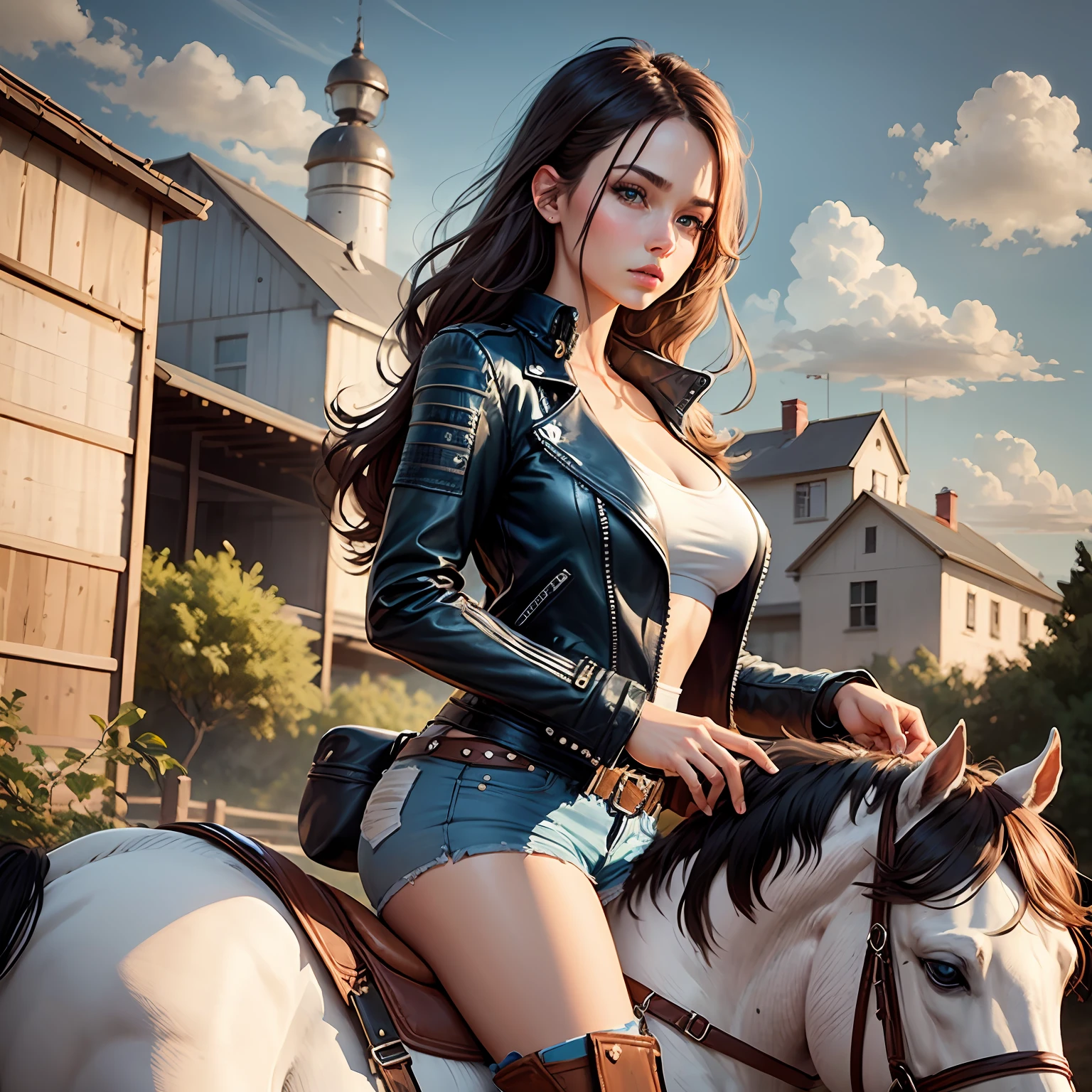 On a farm, beautiful woman, blue eyes, straight brown hair, full lips, intelligent, wearing jeans and a leather jacket, mounted on a white horse. --seed 845406844