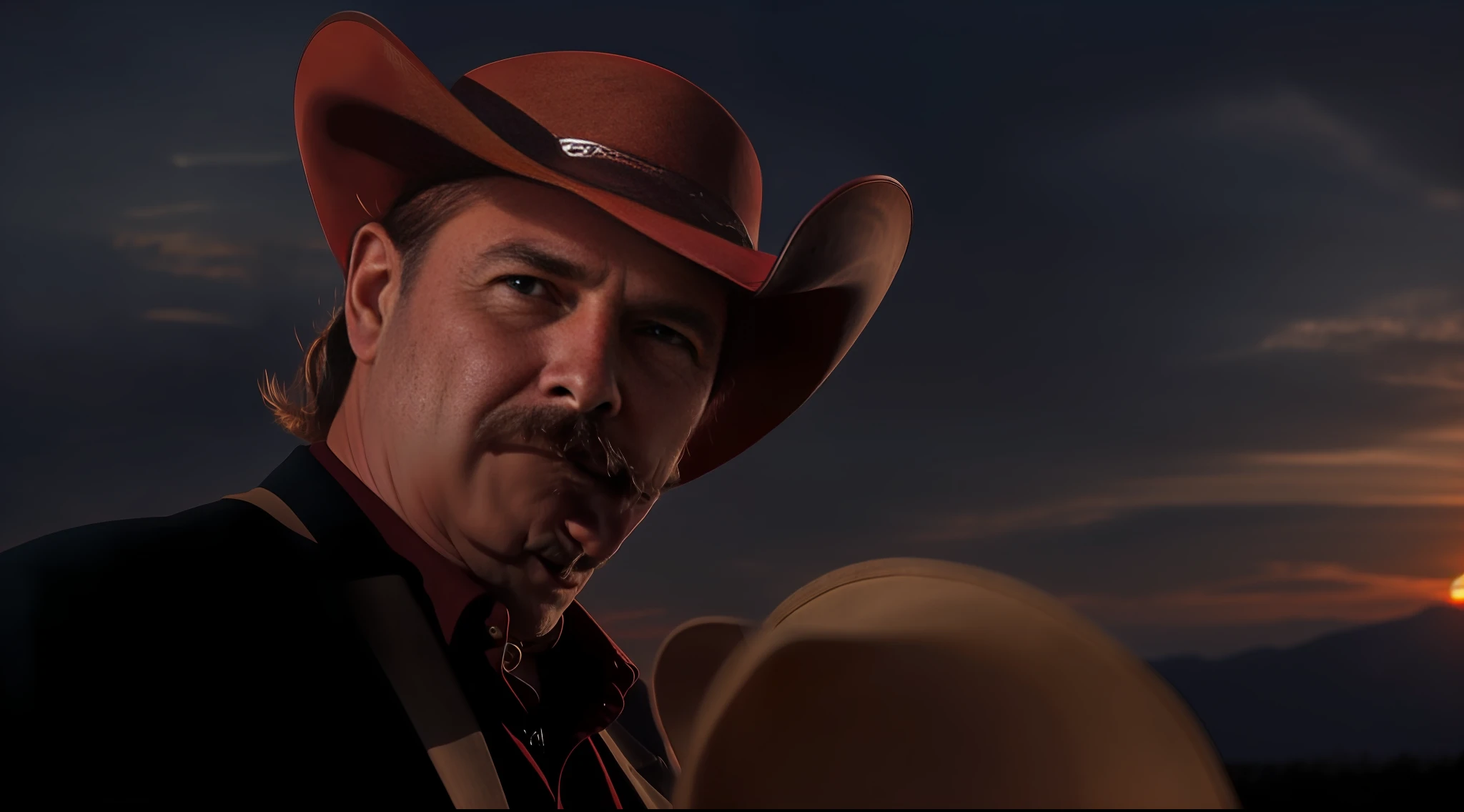 (best quality) A film still depicting a cowboy, black clothes, (red cowboy hat:1.3), white skin, mustache, 70 years old, gray hair, large cross on the chest, facing the sunset in a foreign Western scene. (western style) The scene is reminiscent of a Western movie, with shades