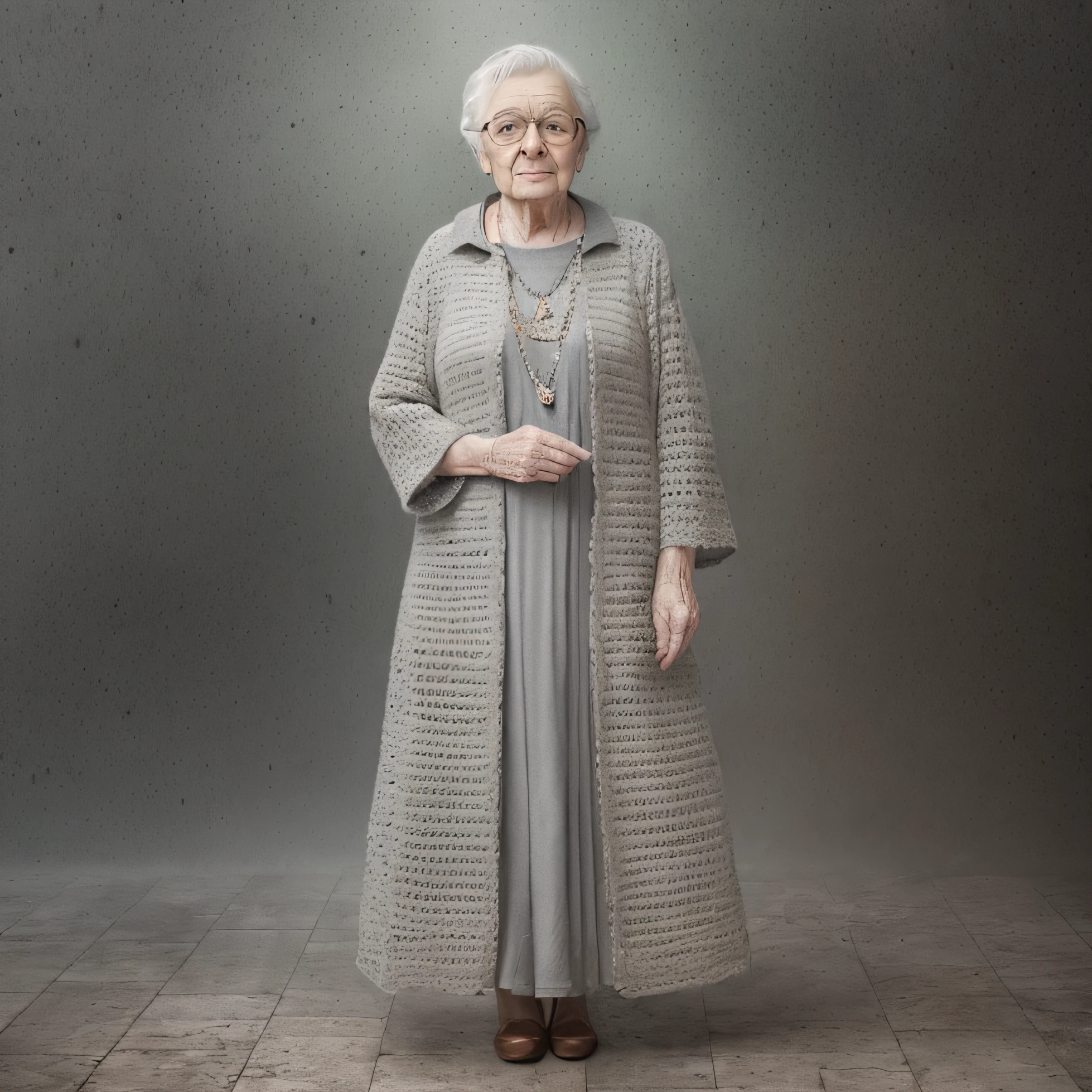 A portrait full body photograph,elderly lady 1.30 tall cane back, hair stuck gray, thin, glasses, showing a dress with crochet coat, realistic epic, photo, faded, neutral colors, ((((((hdr)))), mute colors, intricate scene, artstation, intricate details, vignette --auto --s2