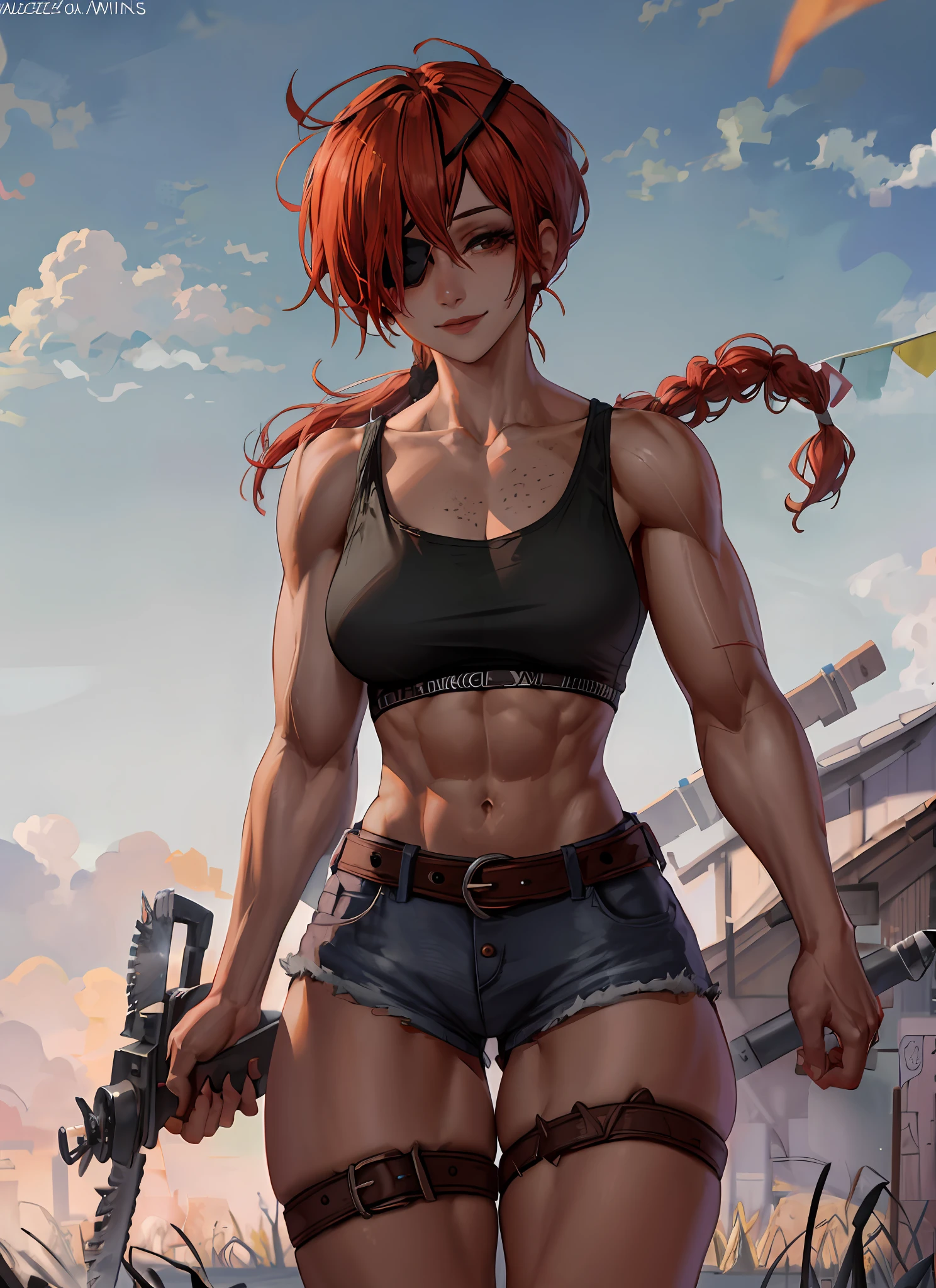 1 girl, beautiful, perfect lighting, muscular, thick thighs, mature woman, milf, navel, abdomen, looking at the viewer (masterpiece, high quality: 1.1), freckles on the body, barn, pale skin, red hair, braid, , short shorts, skindentation, neckline, smile, Quanxi from Chainsaw Man