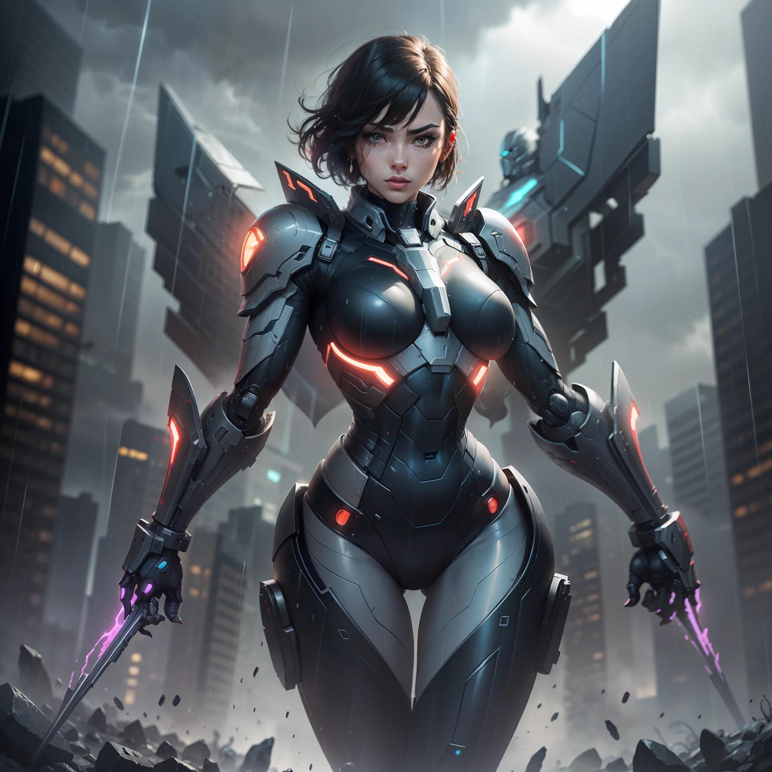 rogue (x-men), beautiful girl, sculptural body sexy makeup, masterpiece, best quality, cowboy shot, 1girl, solo, short hair, black tech bodysuit, armor bodysuit, bangs, hero pose, attack poses, in a dark Gotham city, (in a scary Gotham city), ((Gothan rainy storm)), ethereal and mecha theme, Warframe Art, anime mecha aesthetic, cybernetic suit, Mecha Armor, (black color armor with red1. two)