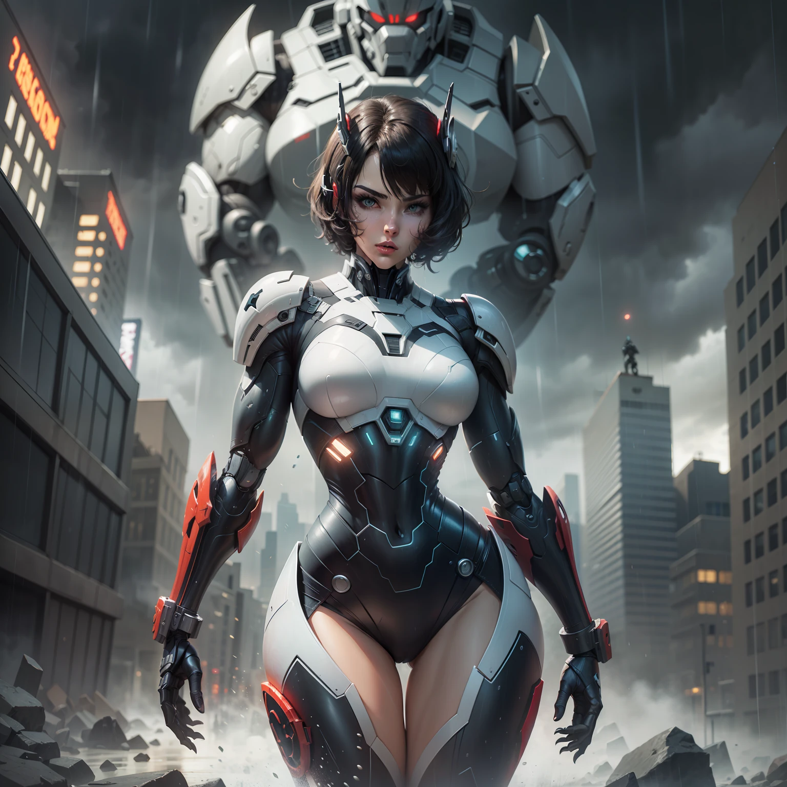 rogue (x-men), beautiful girl, sculptural body sexy makeup, masterpiece, best quality, cowboy shot, 1girl, solo, short hair, black tech bodysuit, armor bodysuit, bangs, hero pose, attack poses, in a dark Gotham city, (in a scary Gotham city), ((Gothan rainy storm)), ethereal and mecha theme, Warframe Art, anime mecha aesthetic, cybernetic suit, Mecha Armor, (black color armor with red1. two)