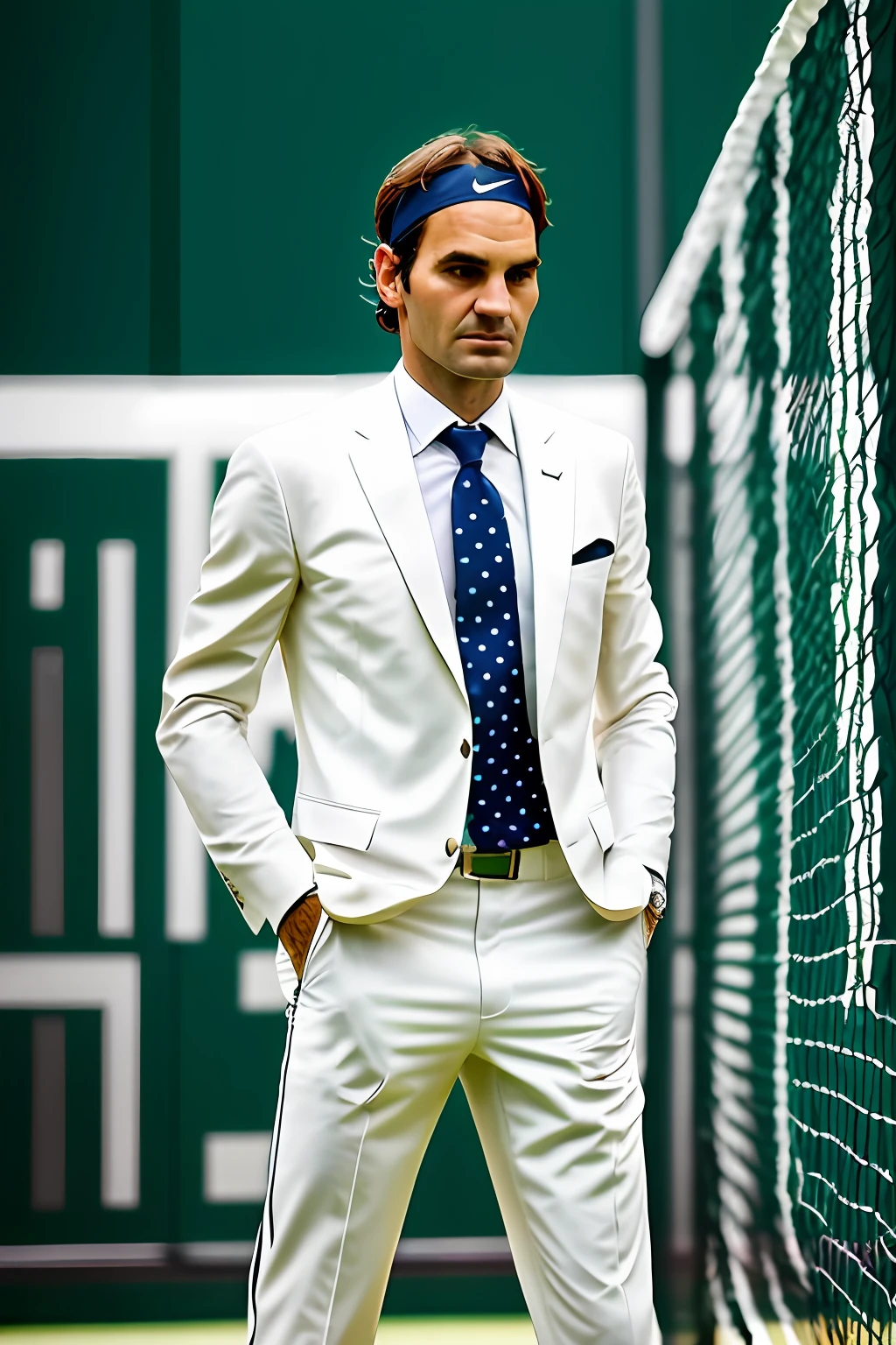 Roger Federer, standing at the net, Wimbledon Tennis center court, wide full body portrait, wearing a light color single button jacket with lapels, blue striped shirt, polka dot tie, even studio light, photorealistic, Goerz Hyperon 6.5mm F/8 camera. --auto