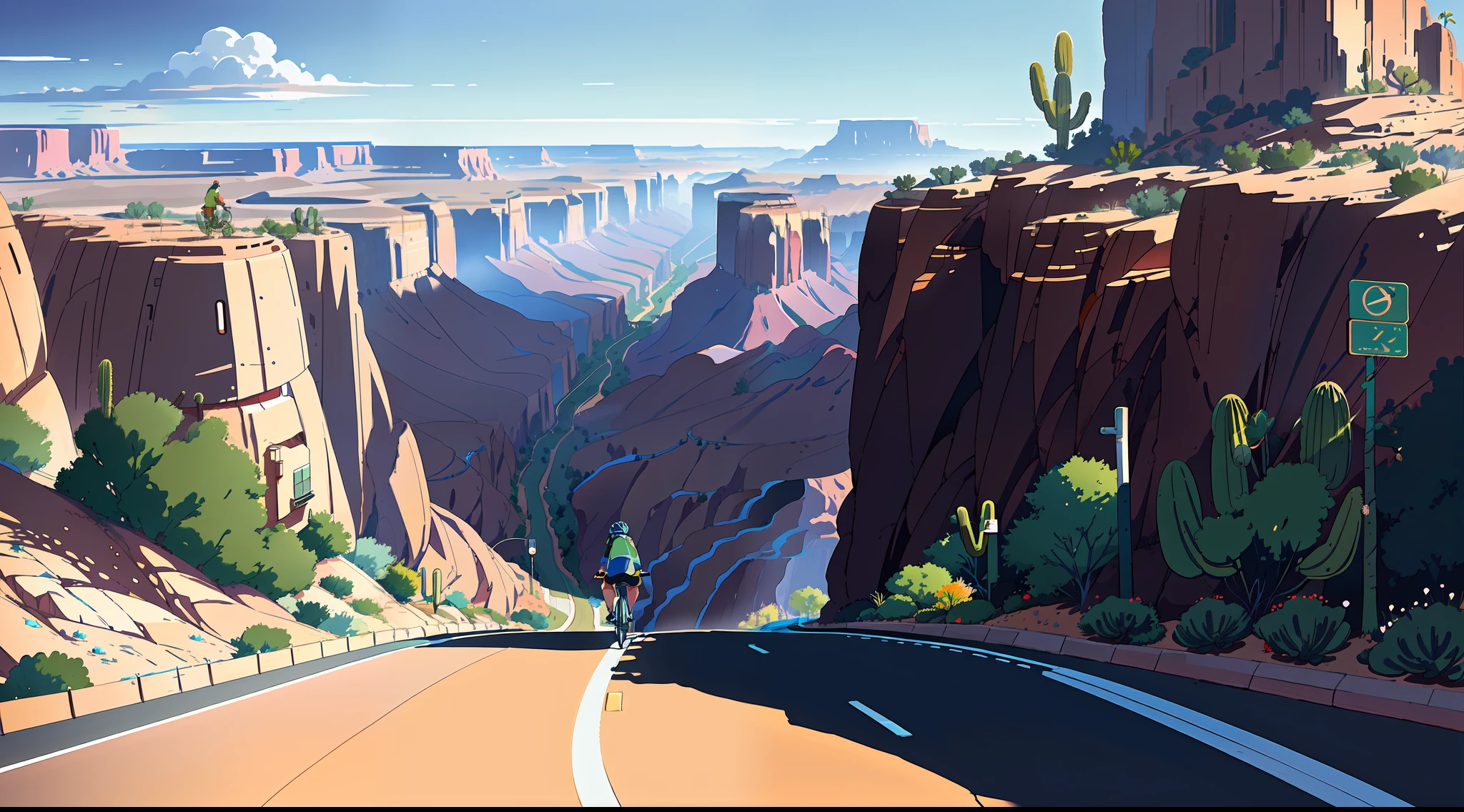 (bike: 1.5), (realistic bike: 1.5), (realistic cyclist: 1.5), back cyclist, arizona, canyon, united states, desert, sun, shadows, contrast, makoto shinkai (Best quality:1.3), (Highres:1) Art by Studio Ghibli Style, Impressionism, Vibrant colors