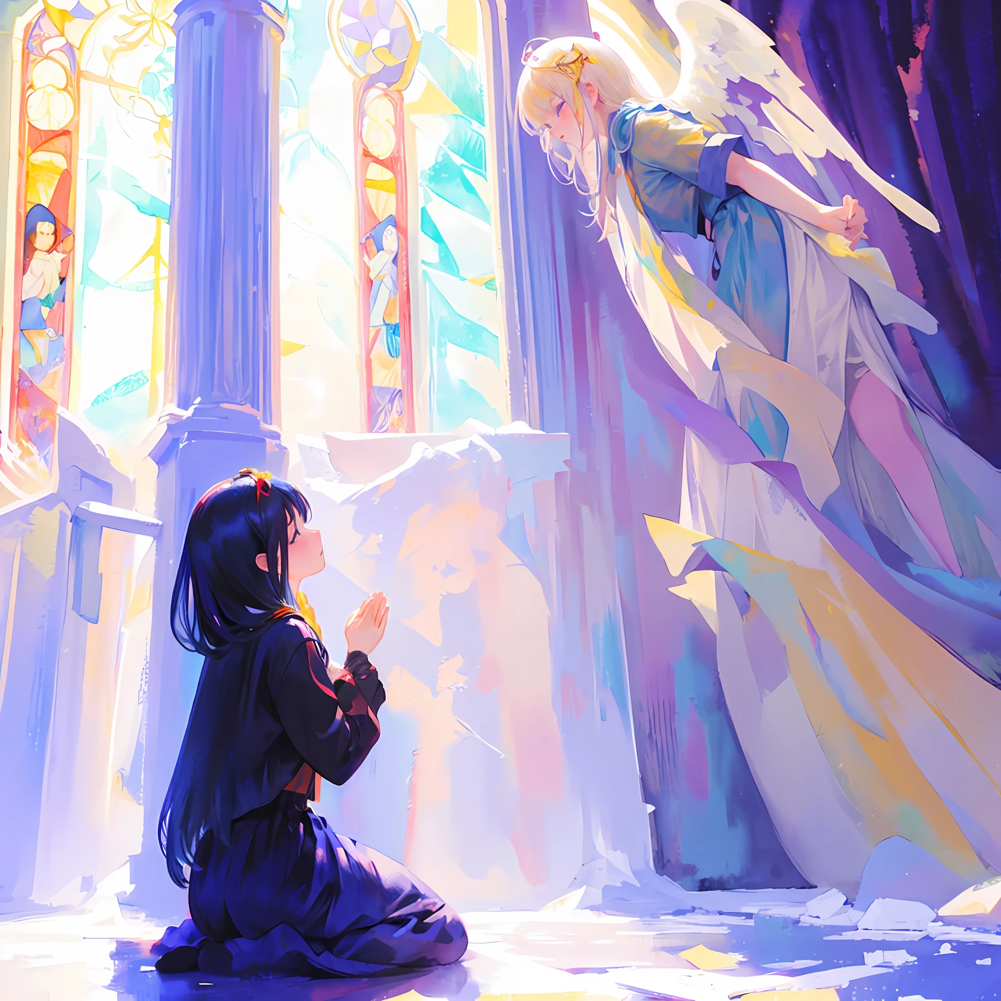 Woman praying in ice church, stained glass light on head, little angel descending, Vague and draft-like depiction, rough, detailed watercolor, soft and fantastic, pastel, fluffy, Renoir, colorful streaks of light