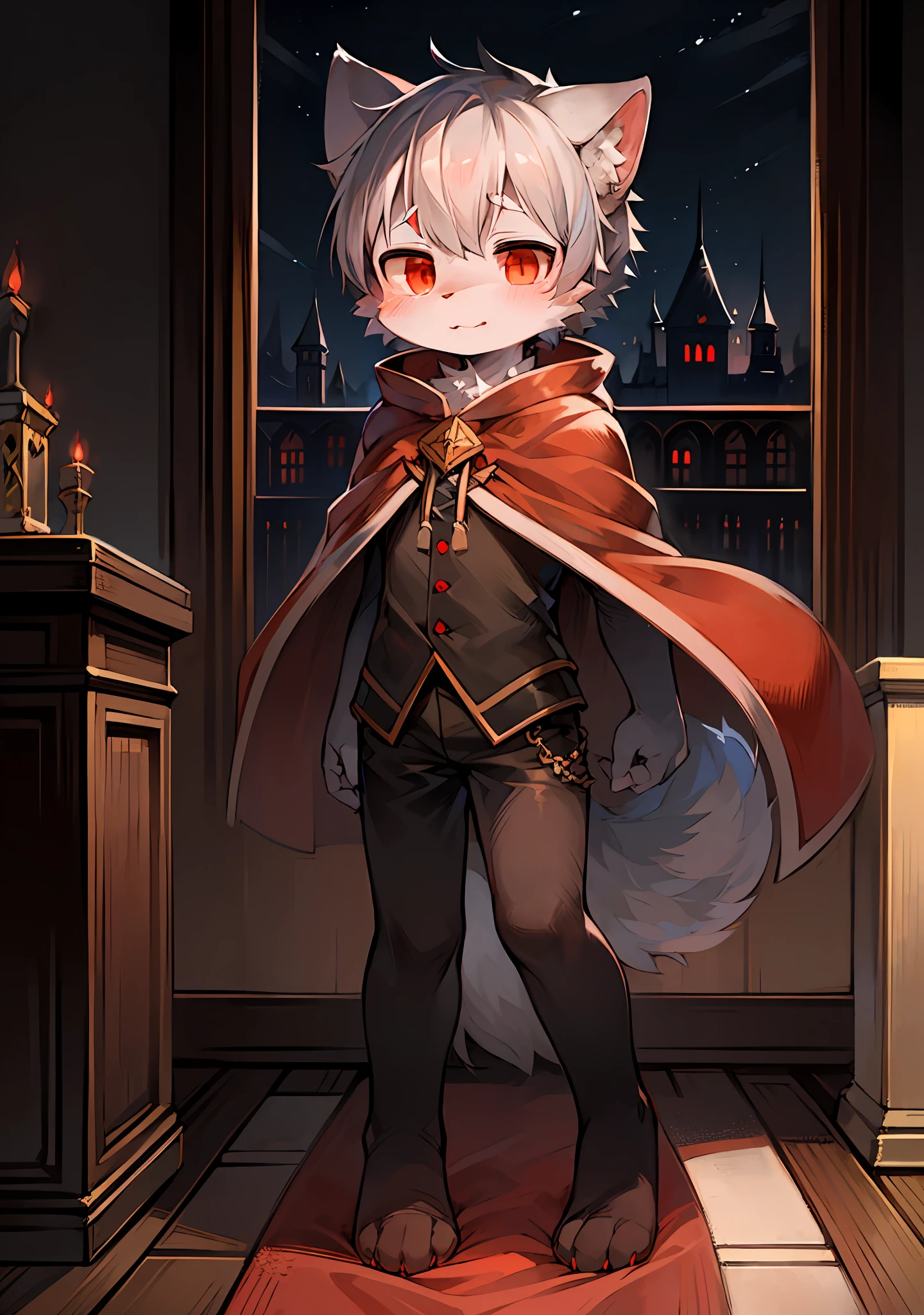 (dark environment:0.8),masterpiece, high quality, absurd res, digital painting \(artwork\), by dagasi, yupa,kiyosan,(anthro,fluffy fur,character focus:1.1),anthro male cat,short hair,shota,portrait, bright eyes,panorama,character focus.(detailed background:0.7),solo,furry,furry male ,male focus,anthr,(Full body fur, fluffy tail, white fur,red eyes,gray hair:1.2),(long canines, cape:1.2),(interior,night, castle, coffin:1.1)