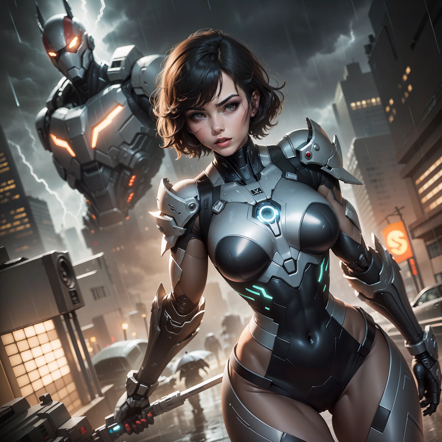 rogue (x-men), beautiful girl, sculptural body sexy makeup, masterpiece, best quality, cowboy shot, 1girl, solo, short hair, black tech bodysuit, armor bodysuit, bangs, hero pose, attack poses, in a dark Gotham city, (in a scary Gotham city), ((Gothan rainy storm)), ethereal and mecha theme, Warframe Art, anime mecha aesthetic, cybernetic suit, Mecha Armor, (black color armor with red1. two)